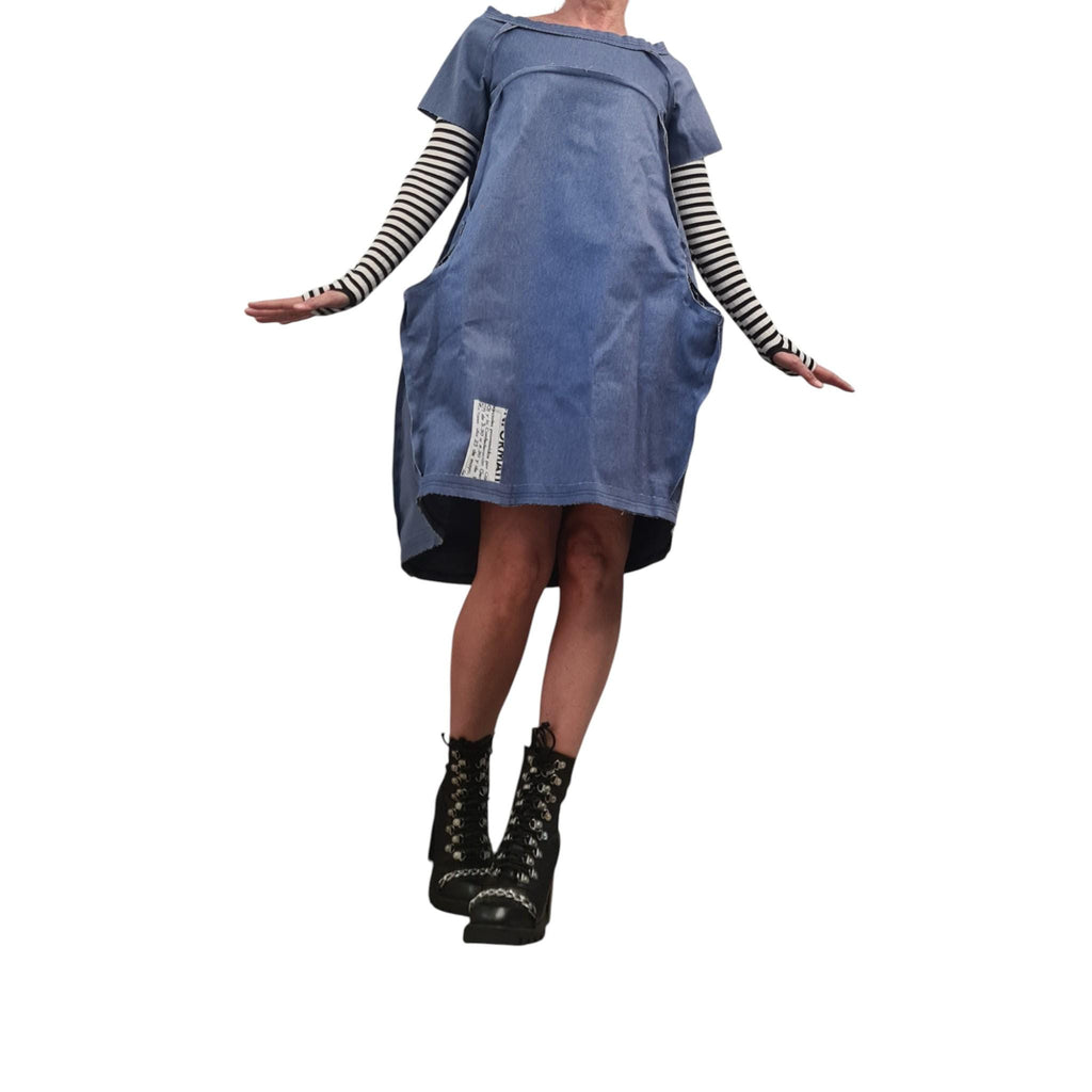 Avant Garde Denim Dress, Asymmetrical Cotton Tunic, Pockets, Extravagant Denim, Outside seams