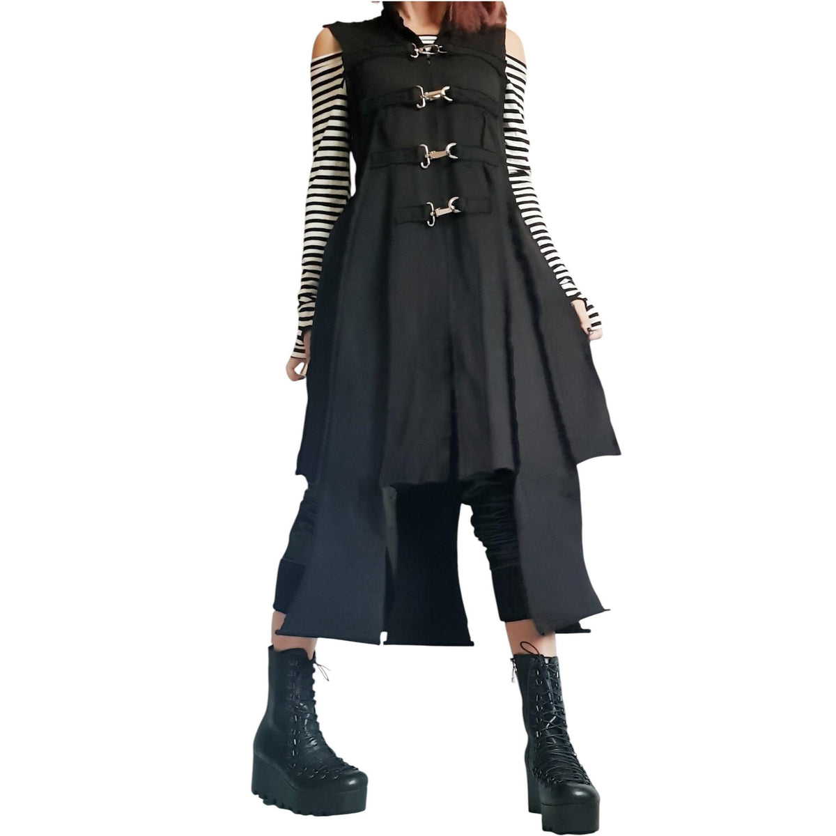 Grey Cotton Asymmetrical Maxi Vest, Sleeveless Longline Top, Raw Seams and Tie Details
