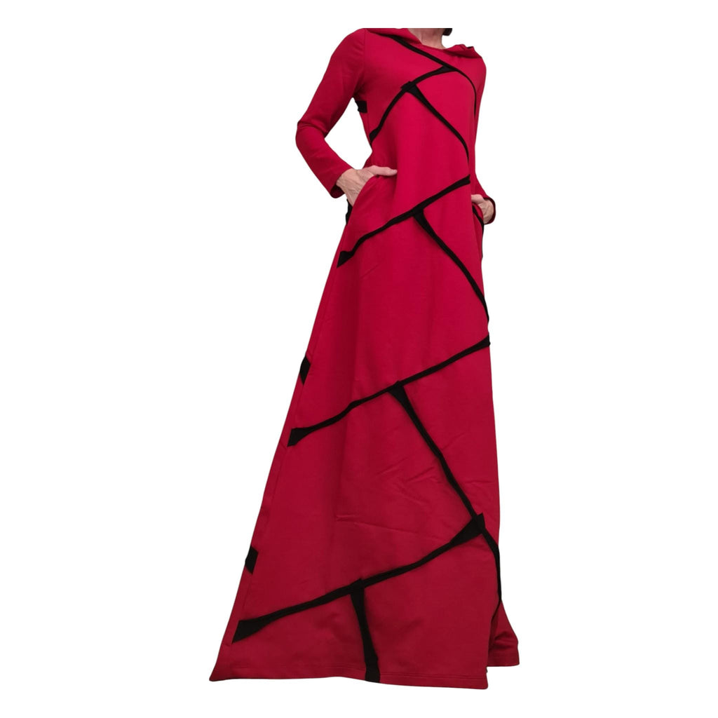 Long Hooded Red Cotton Dress, Plus Size Extravagant Gown