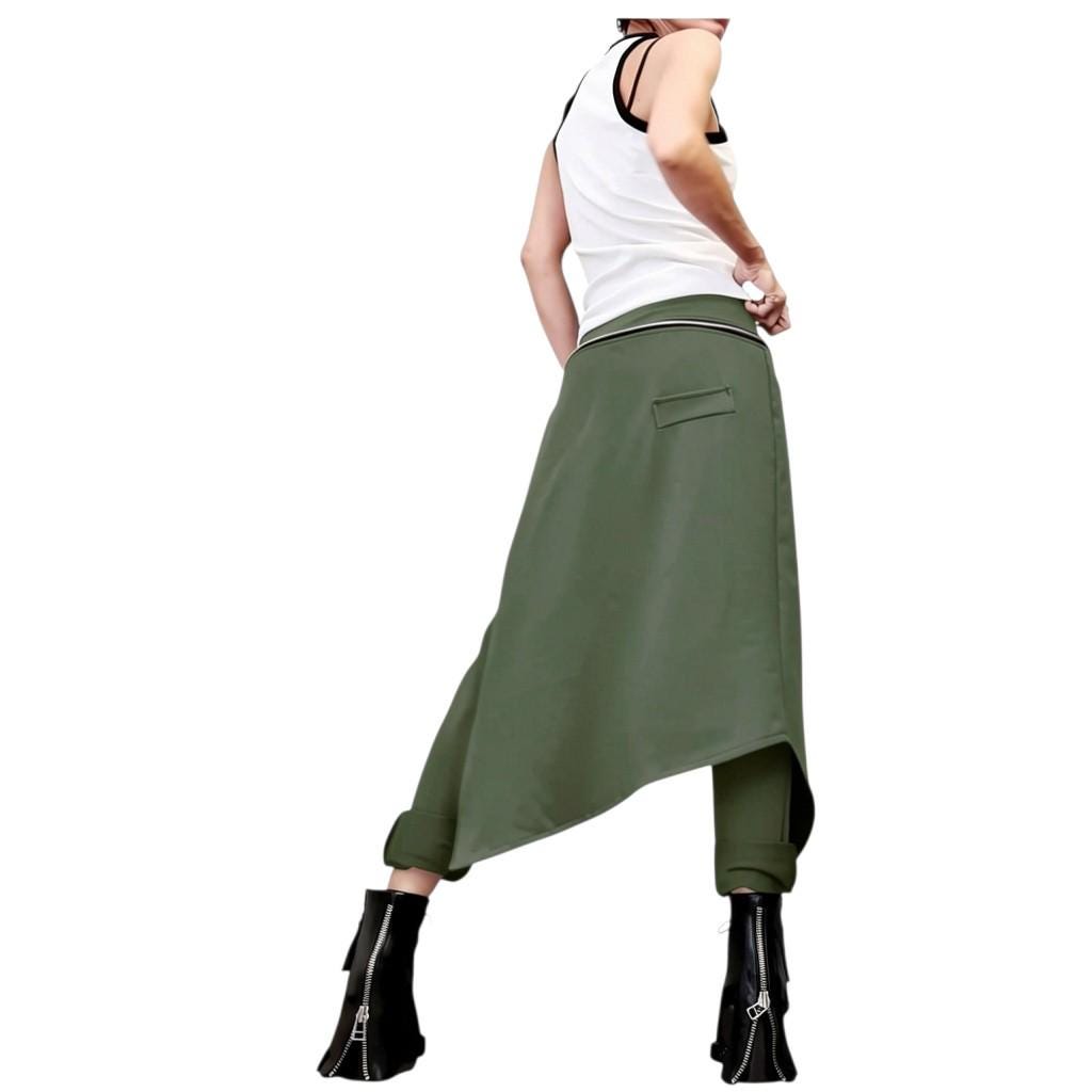 Military Green Asymmetric Pants, French Terry Trousers, Wrap Skirt Overlay