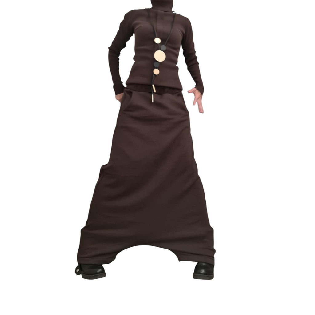 Brown Cotton Floor-Length Harem Pants, Extreme Drop Crotch, Fitted Turtleneck Long-Sleeve Top, Co-Ord Set