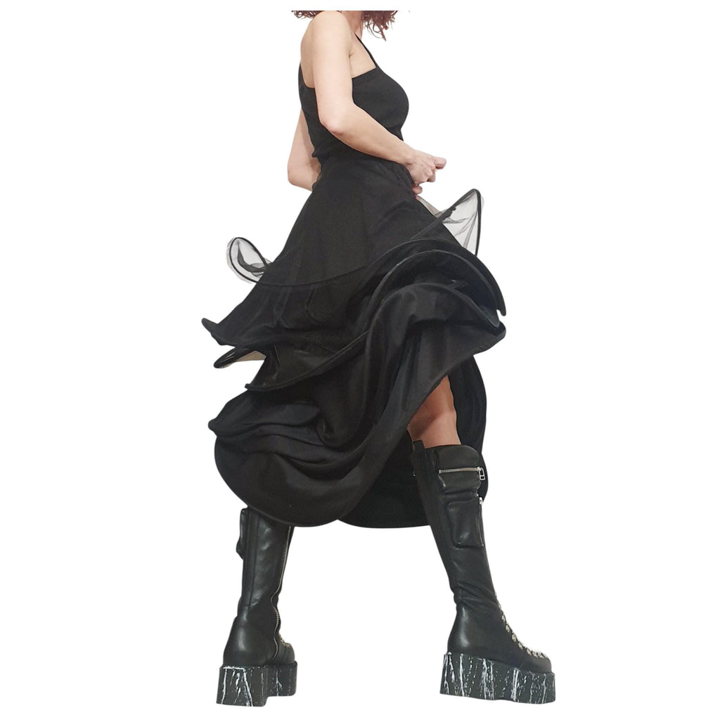 High Waist Tulle Ball Skirt, Gothic Cocktail Maxi Design, Asymmetric Circle Cut, Extravagant Outfit