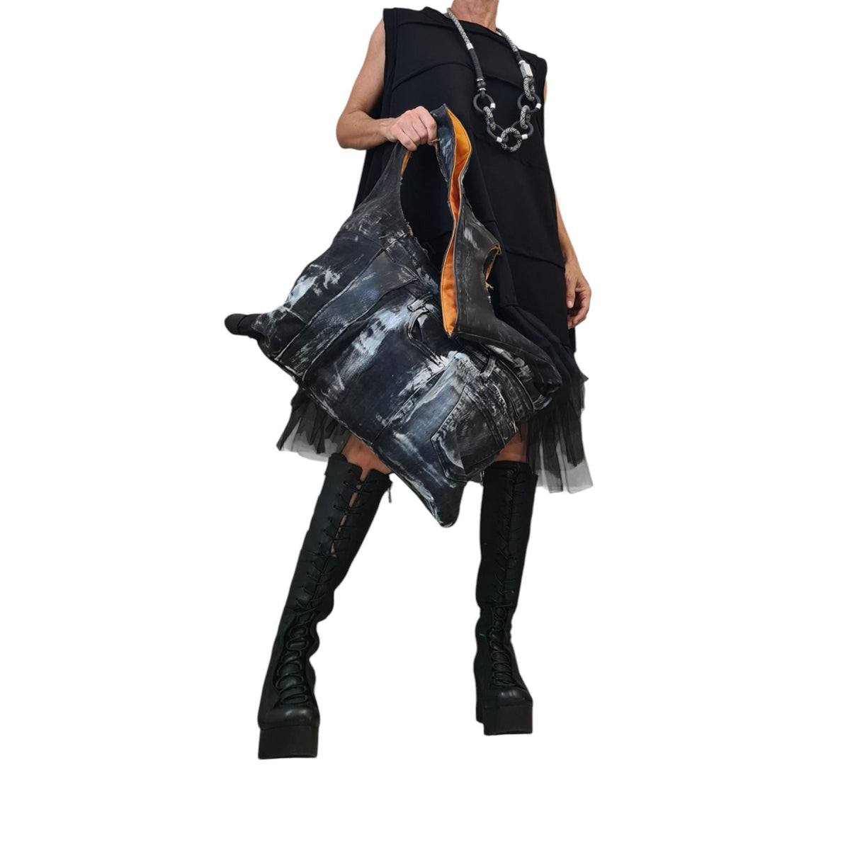 Avant Garde Oversized Denim Tote, Hand-Splashed Painted Convertible Shoulder Backpack