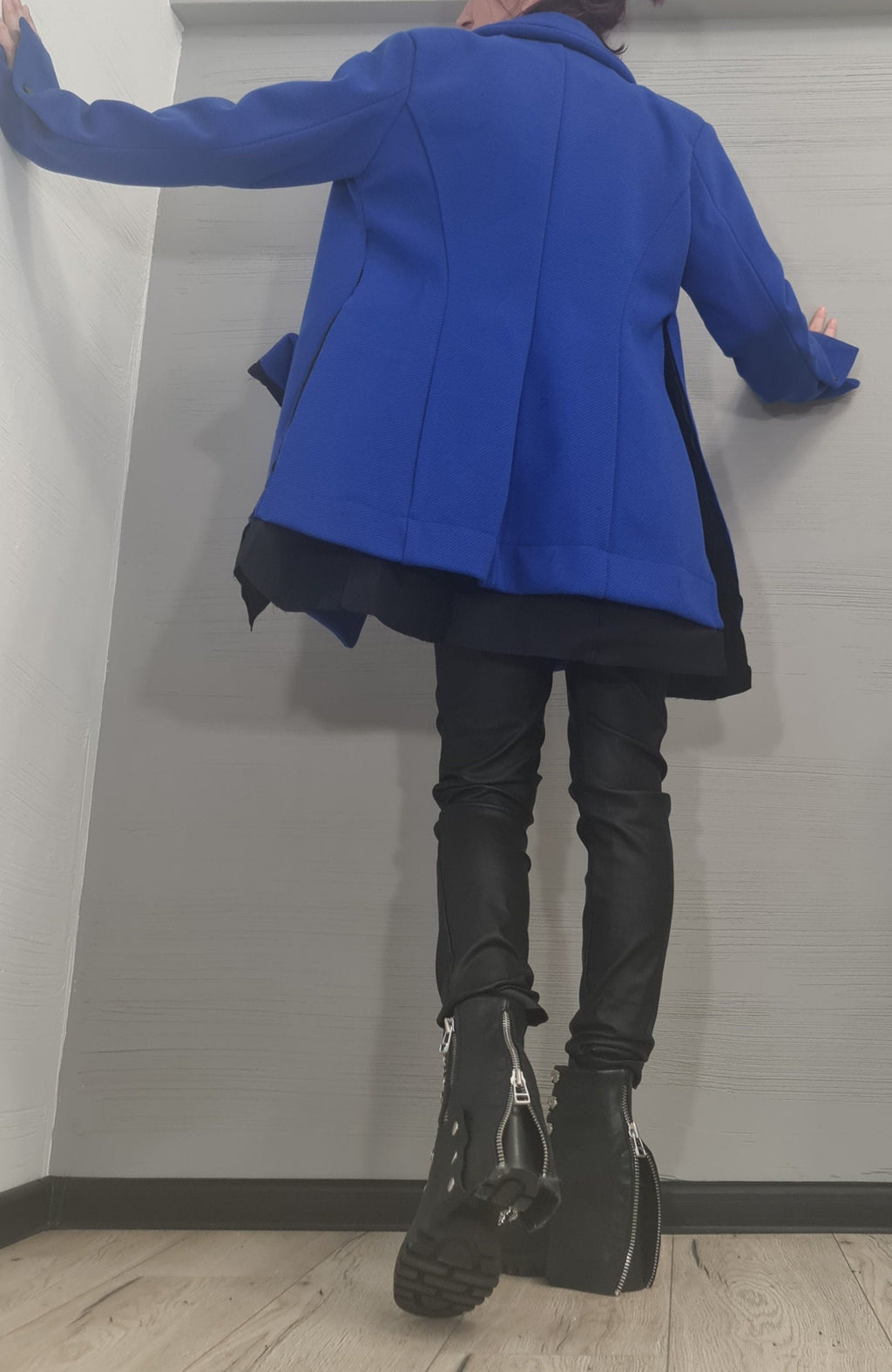Royal Blue Asymmetrical Winter Coat, Oversized Lapels and Patch Pockets, Plus Size Flared Jacket