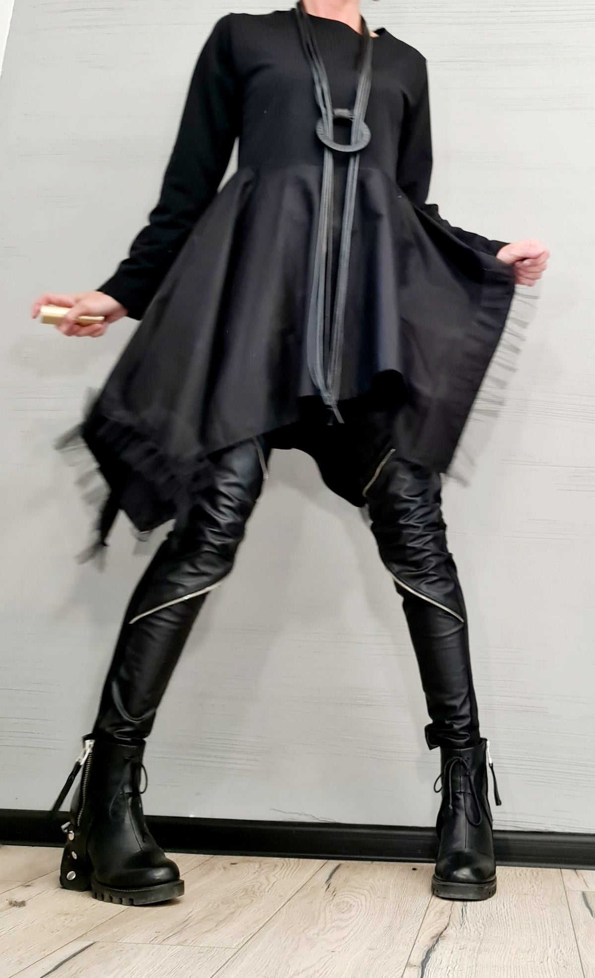 Avant Garde Tunic Dress, Deconstructed Asymmetric Tulle Top, Long Sleeve Loose Fit