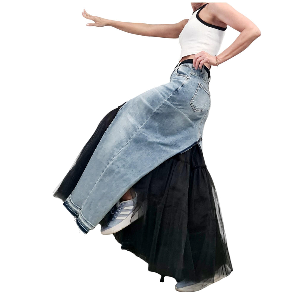Extravagant Asymmetric Denim Tulle Skirt, Deconstructed Avant Garde Maxi Skirt