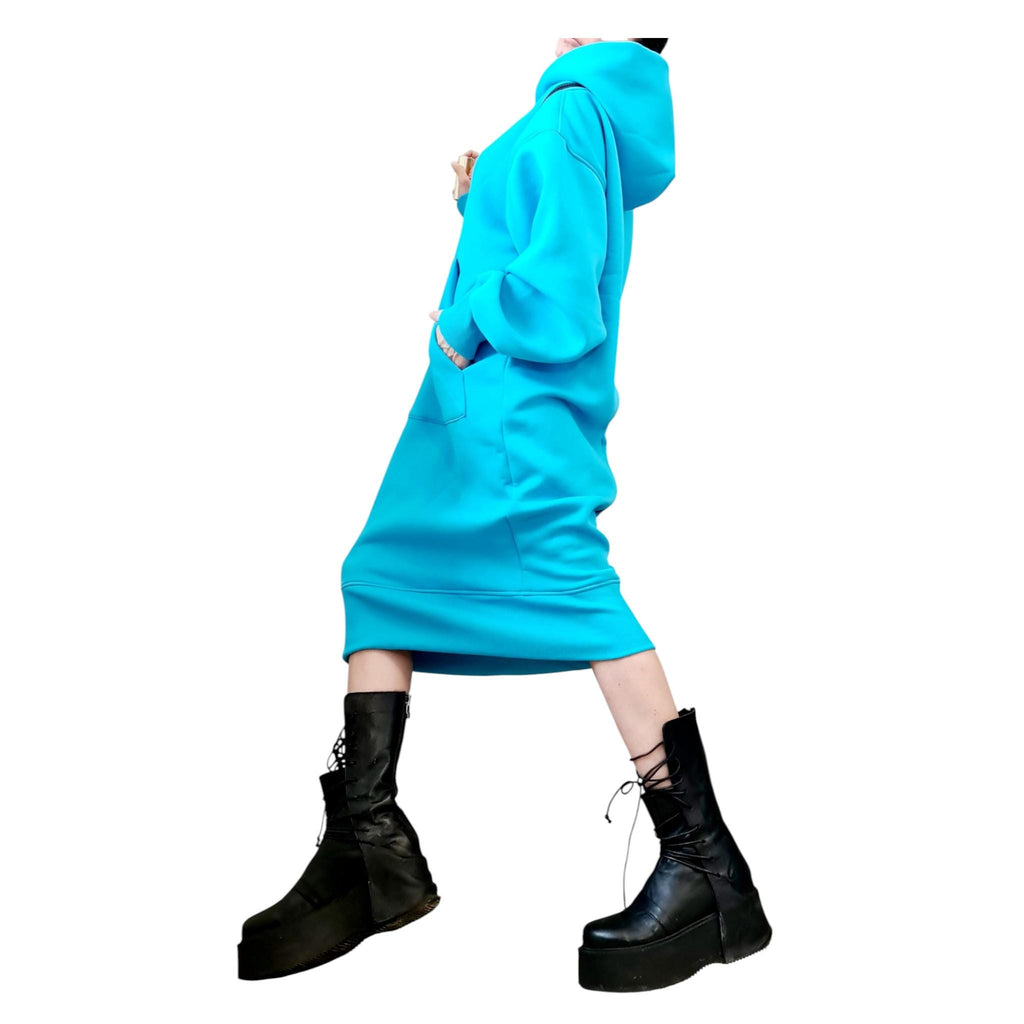 New Collection Blue Sweatshirt Dress, Extravagant Dress, LooseDress, Hooded Winter Dress, Long Dress with Hood, Sweatshirt Dress