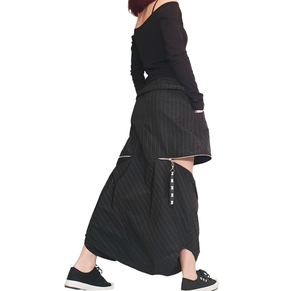 Black Pinstripe Asymmetrical Jacket, Long Pants Skirt, Plus Size Cotton Sateen Co-Ord Set