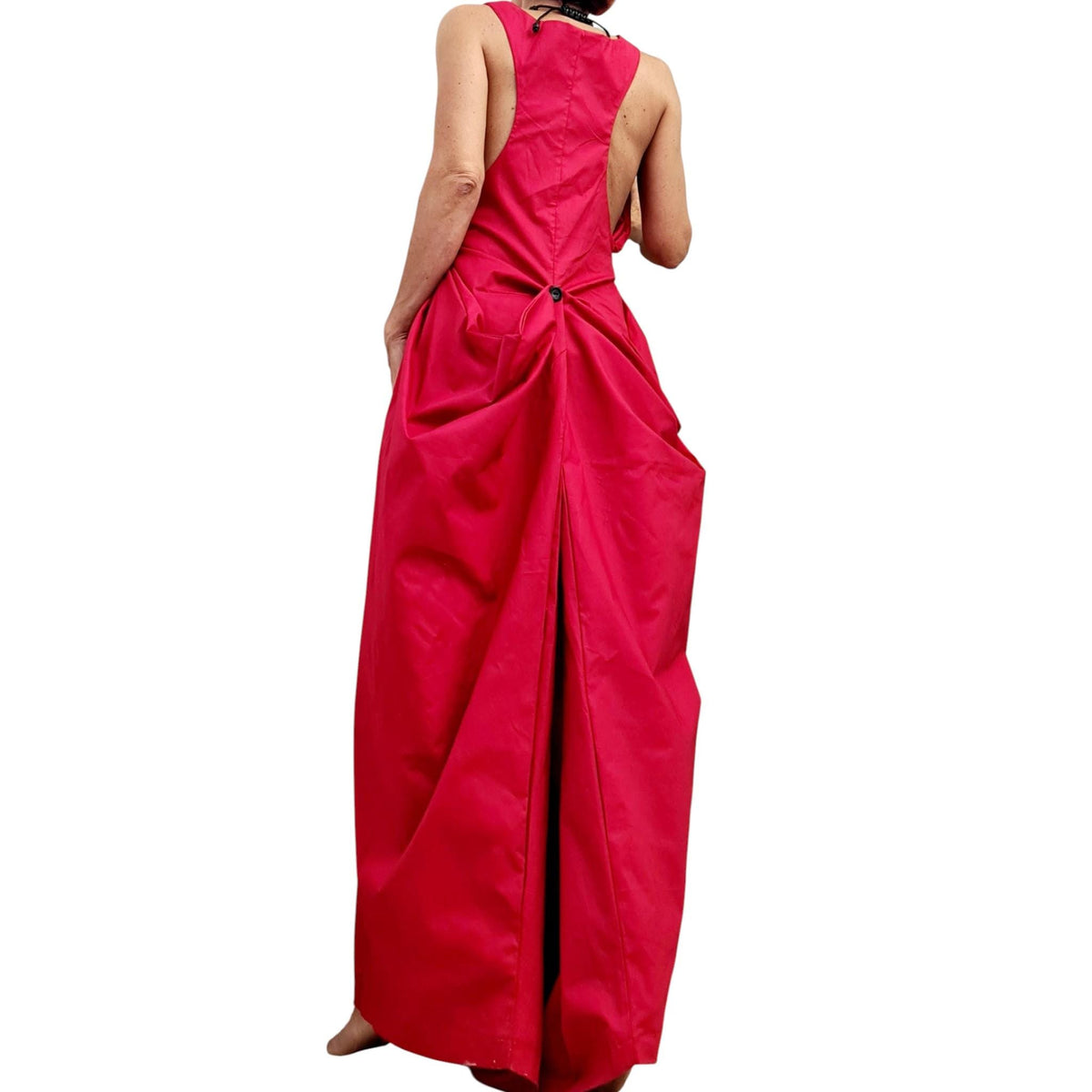 Red Backless Maxi Dress, Sleeveless Evening Wide Silhouette, Adjustable Design, Plus Size