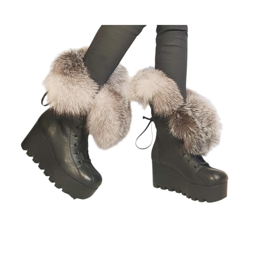 Fox Fur Wedge Boots, Platform Winter Booties, Handmade Leather Ankle Shoes