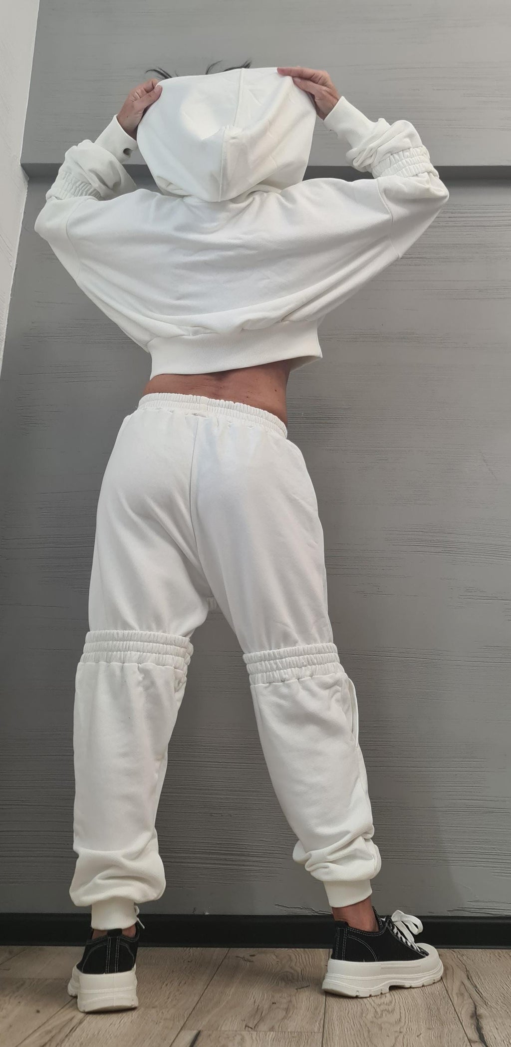 White Cotton Cargo Jogger Pants, Oversized Cropped Hoodie, Ruched Knee Panels, Two-Piece Co-Ord Set
