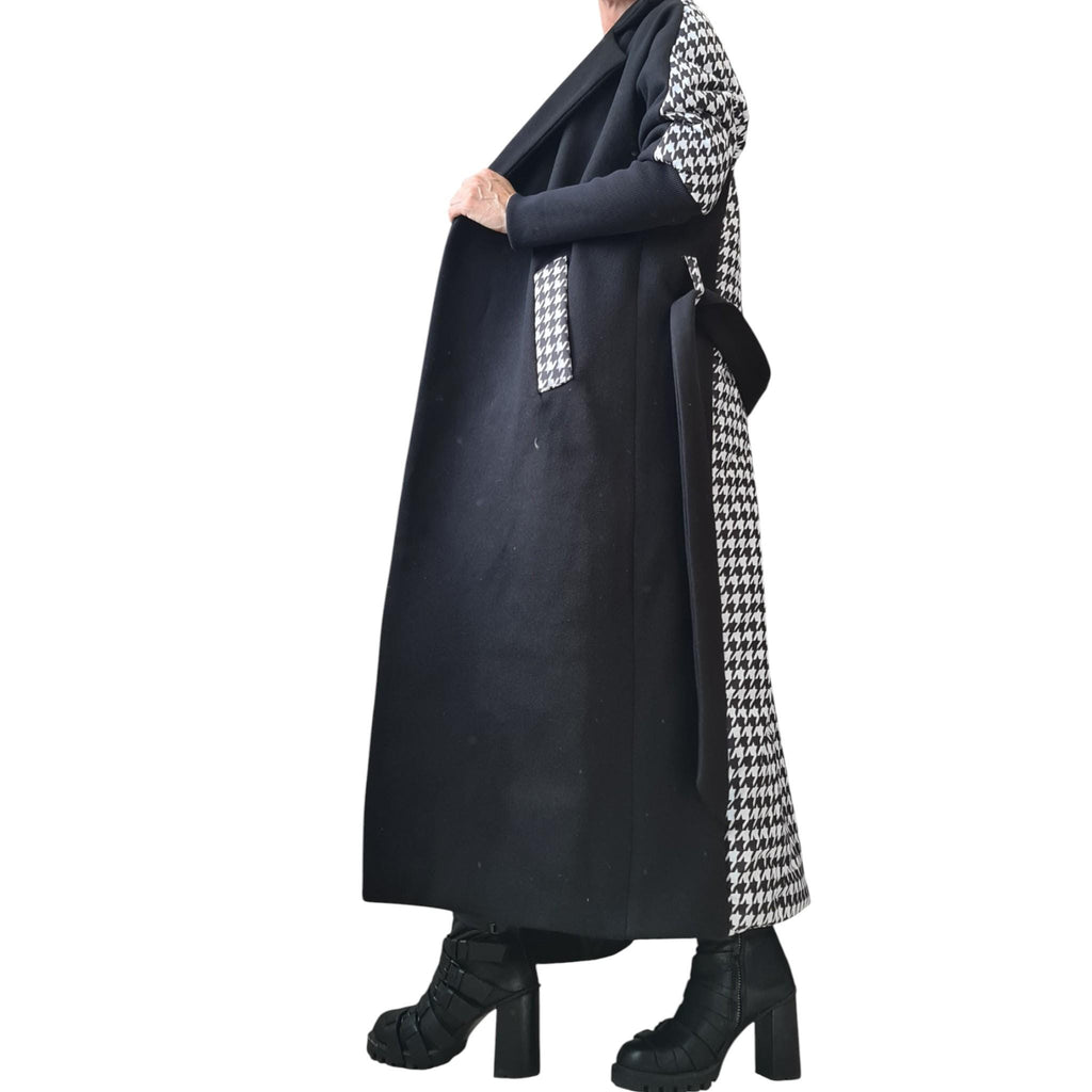 Black Asymmetric Wool Coat, Houndstooth Back Panel, Oversized Maxi Coat, Plus Size