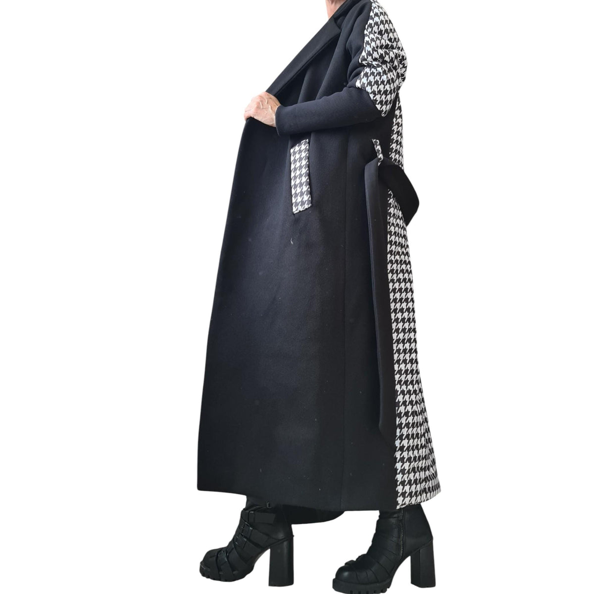 Black Asymmetric Wool Coat, Houndstooth Back Panel, Oversized Maxi Coat, Plus Size