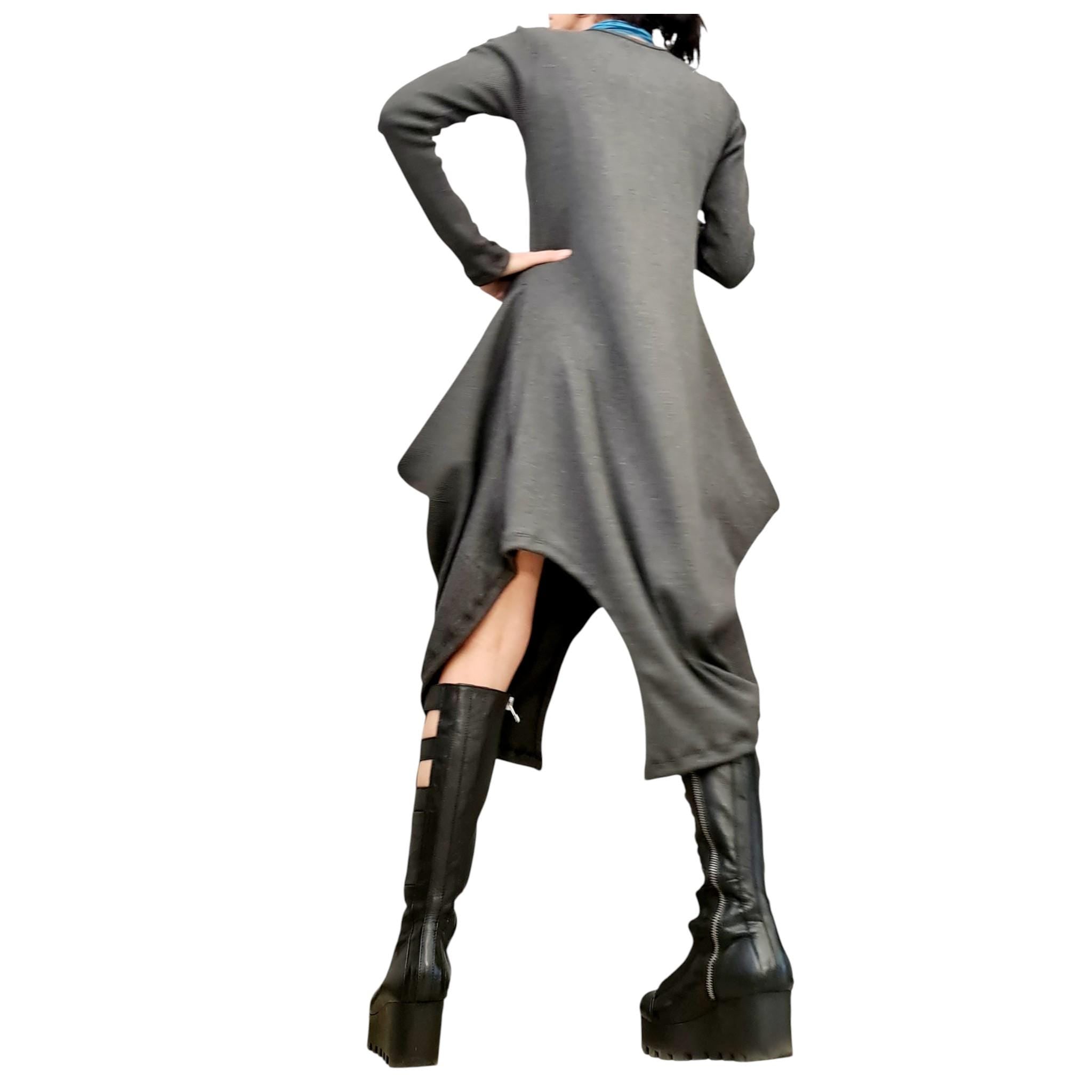 Grey Cotton Rib Dress, Long Sleeve Midi Dress, Avant Garde Loose Fit Kaftan