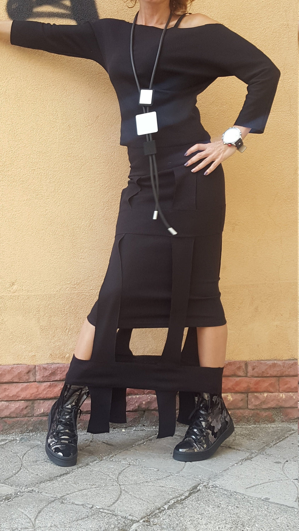 Black Cotton High-Waist Maxi Pencil Skirt, Asymmetrical Off-Shoulder Blouse, Cutout Hem, Two-Piece Co-Ord Set