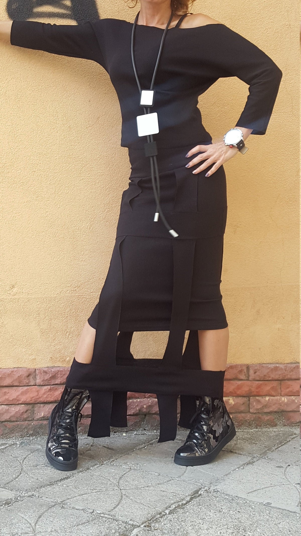 Black Cotton High-Waist Maxi Pencil Skirt, Asymmetrical Off-Shoulder Blouse, Cutout Hem, Two-Piece Co-Ord Set