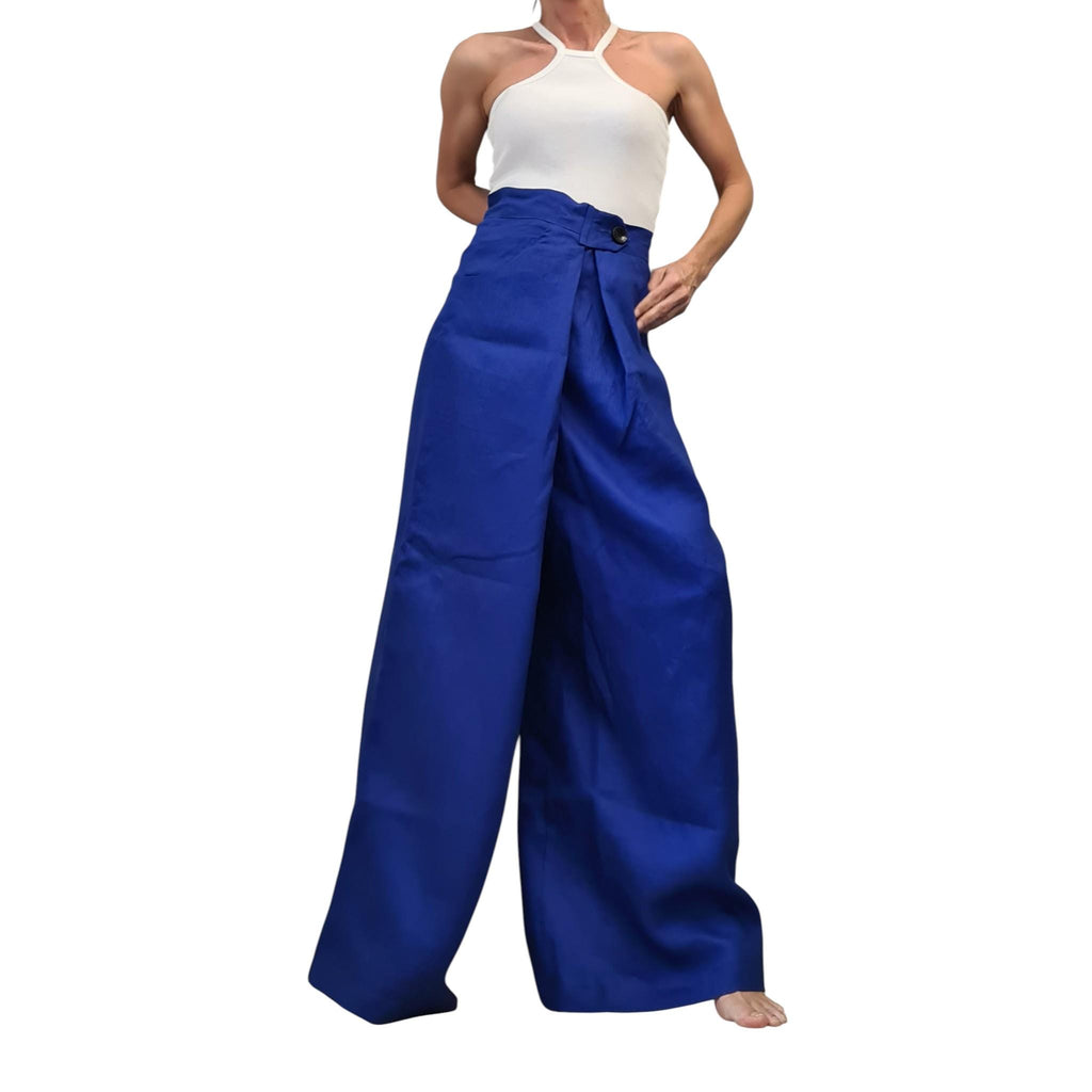 Royal Blue Linen Pants, Drop Crotch Harem Trousers, Wide Leg Avant Garde Clothing