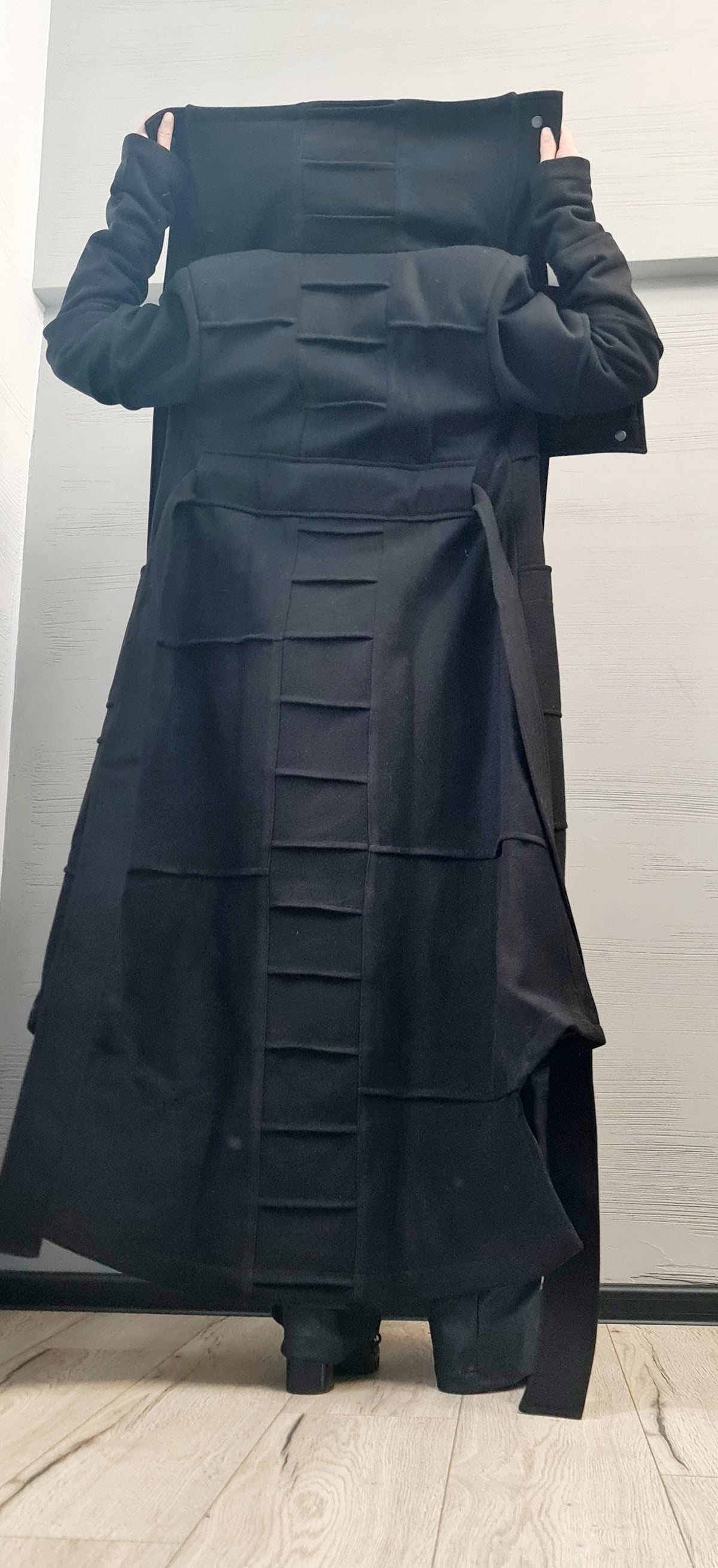 Black Hooded Asymmetric Coat, Oversized Long Winter Jacket, Wrap Belt Closure