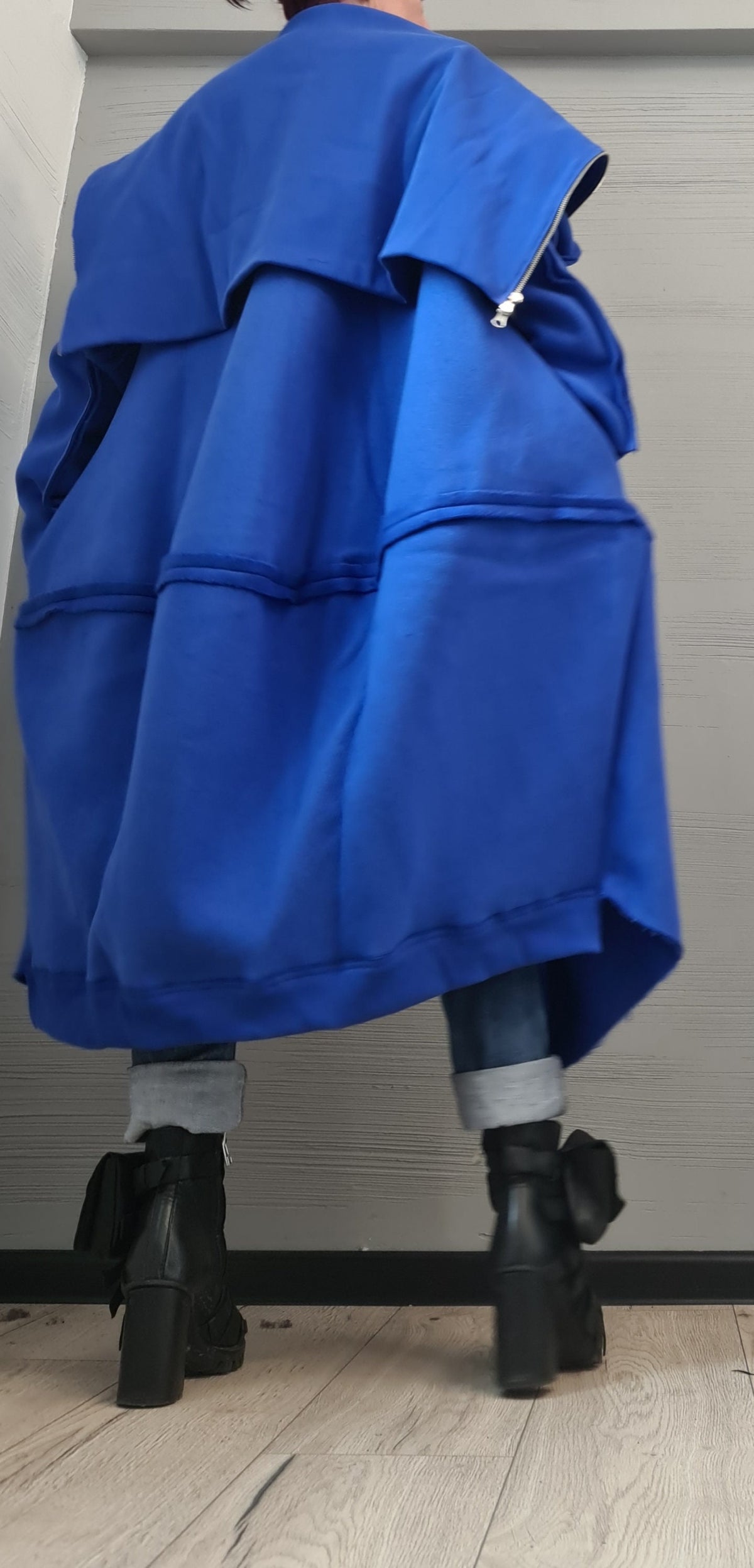 Royal Blue Oversized Cotton Jacket, Long Sweatshirt Coat with High Collar, Plus Size