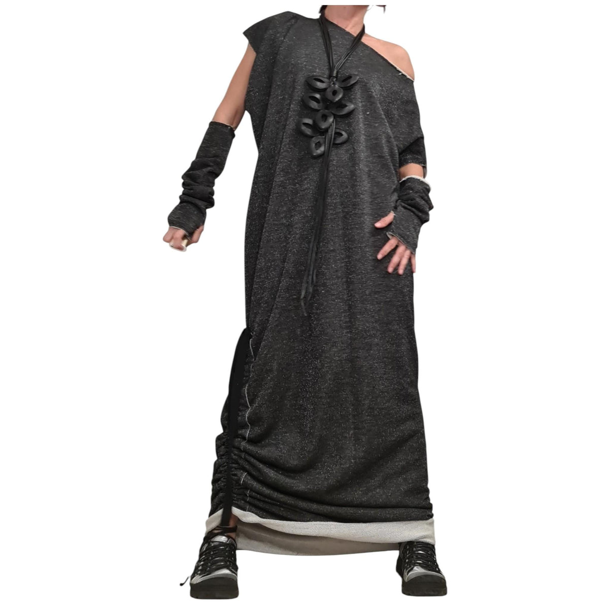 Black Silver Maxi Dress: One Shoulder, Loose Oversize Tunic