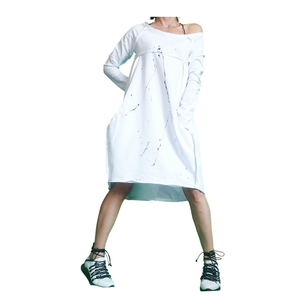 White F Oversized Sweatshirt Dress, Asymmetric High Low Cut