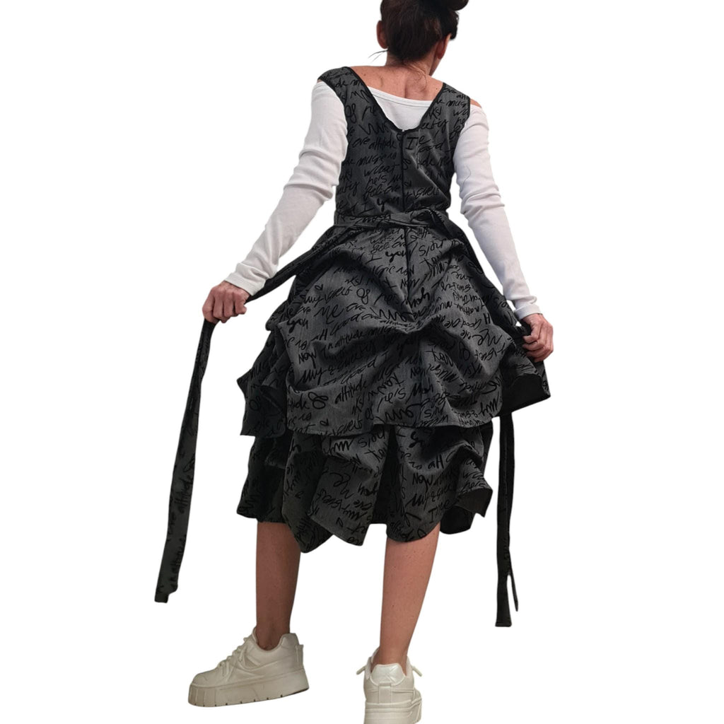 Avant Garde Grey Dress for Women Sleeveless Balloon Silhouette Text Print Belted Knee Length