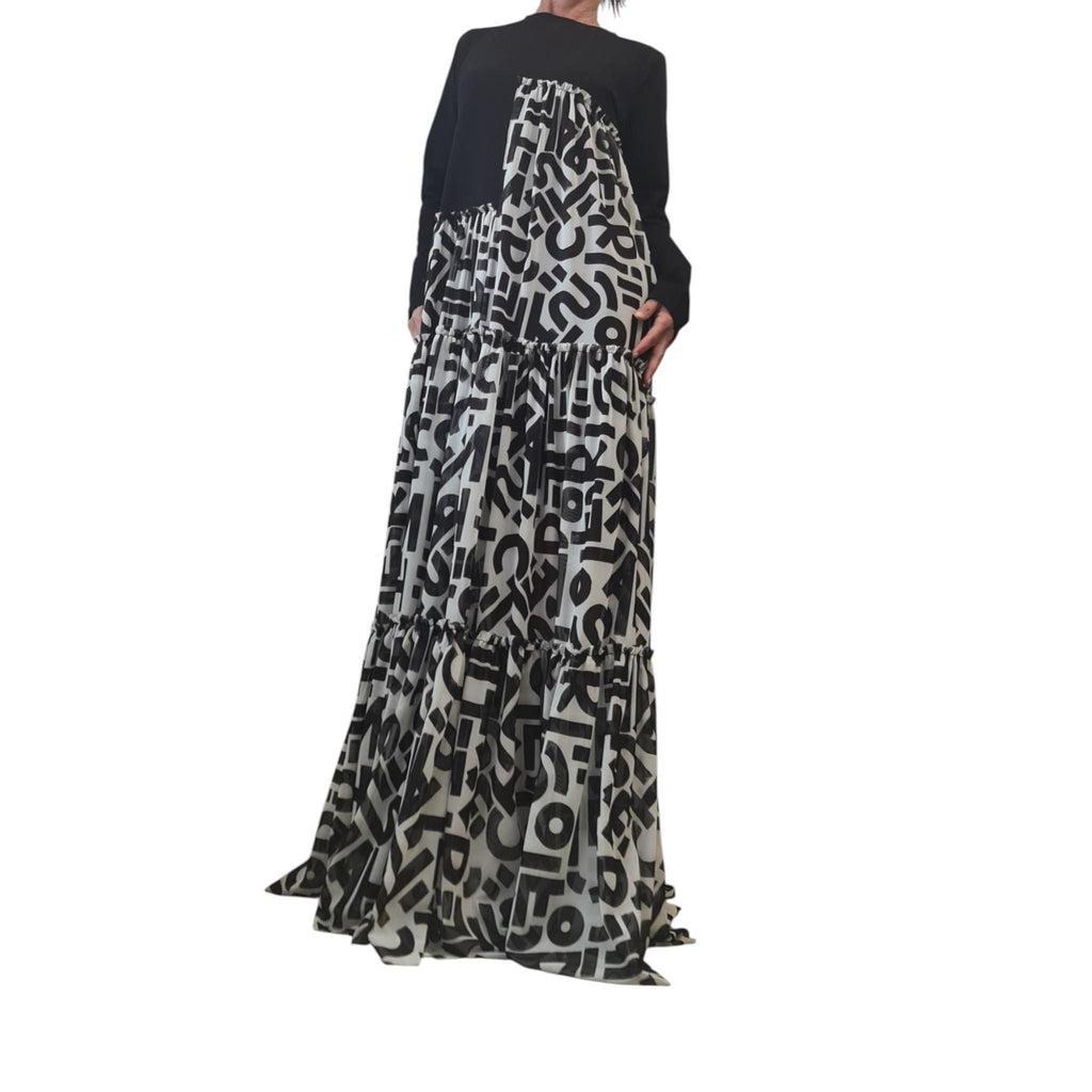 Avant Garde Black Maxi Dress, Cotton Tulle Letters Print, Asymmetrical Gown, Dress for Women