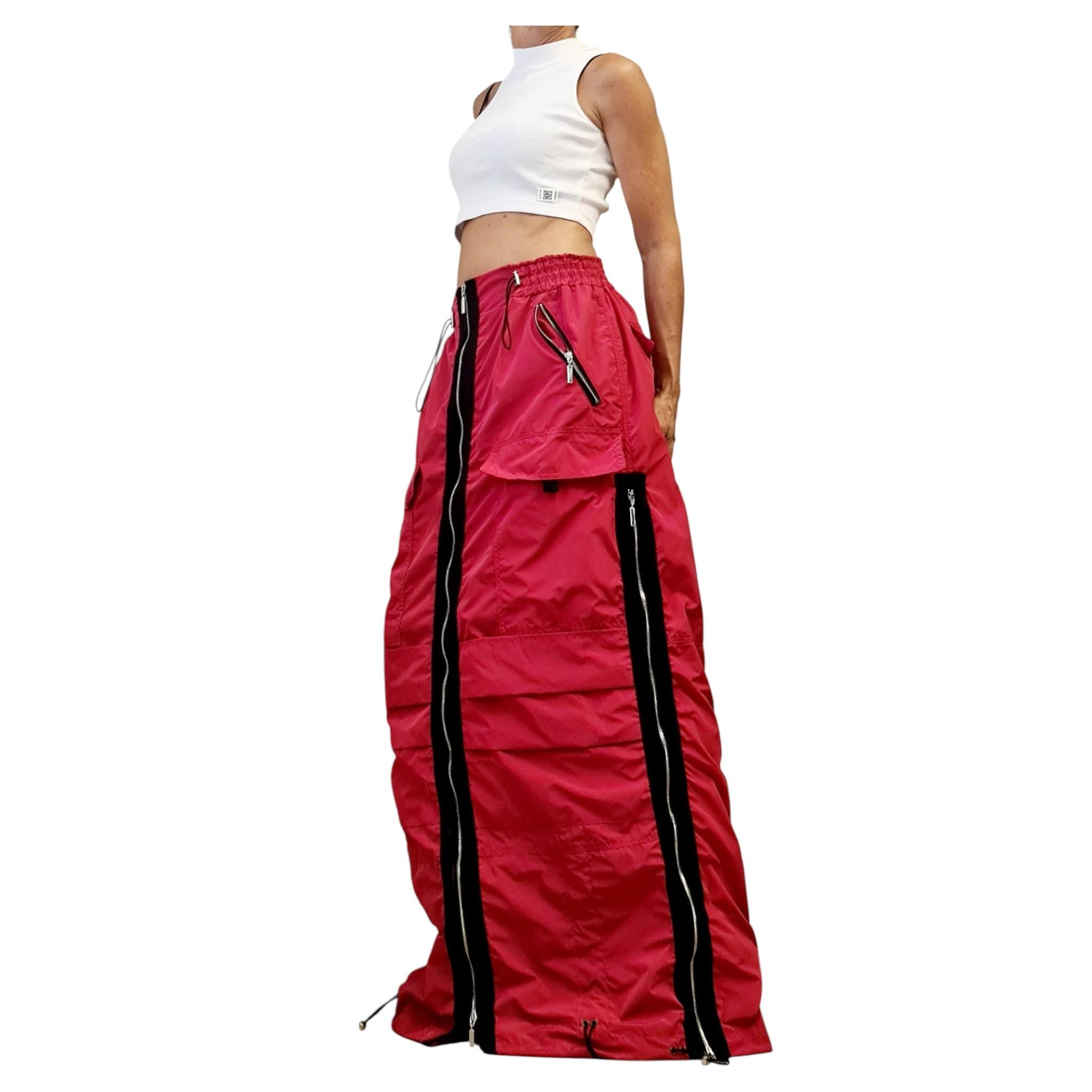 Red Maxi Cargo Skirt with Zippers, Oversized Avant Garde Clothing, Techwear Festival Outfit