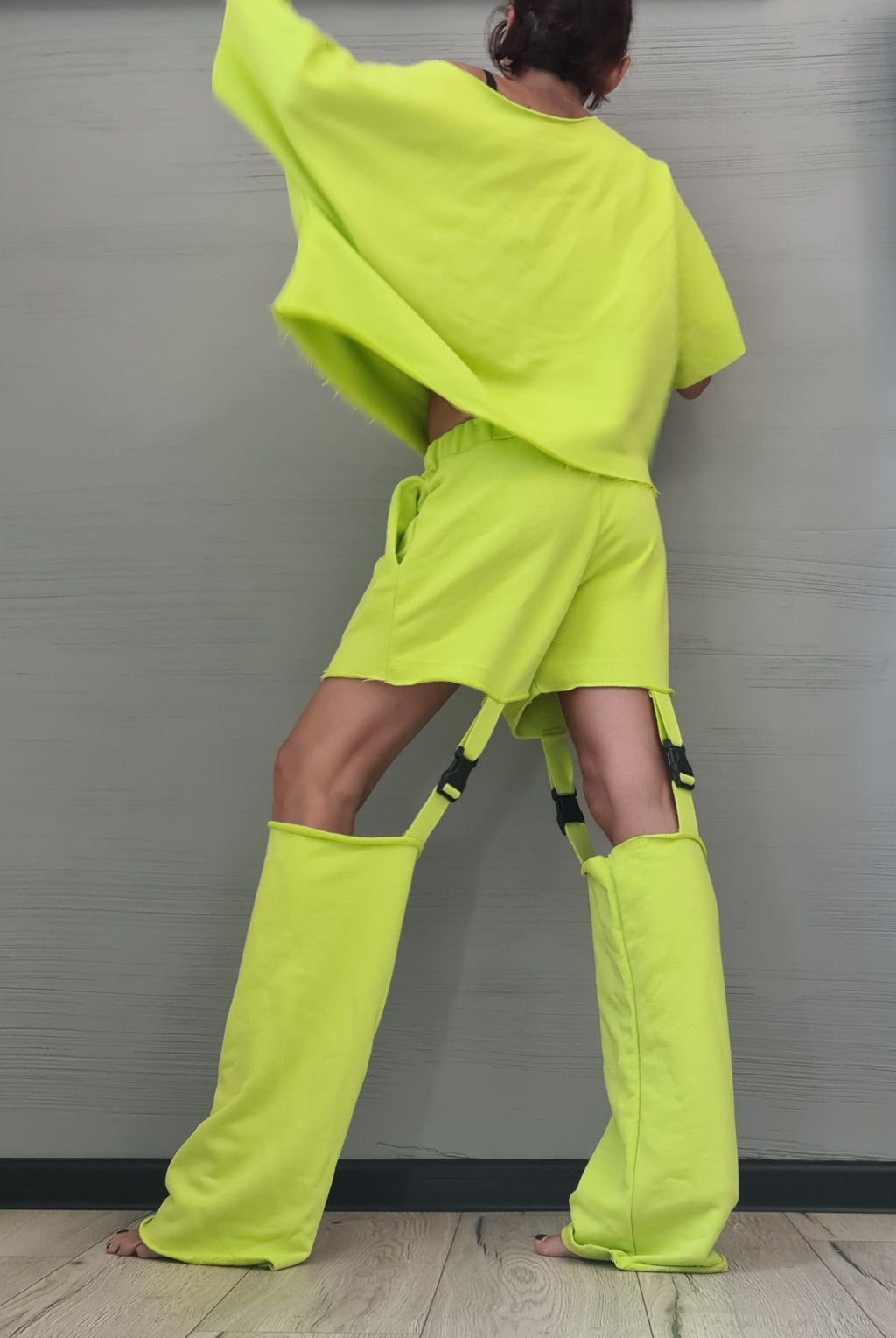 Lime Asymmetrical Blouse, Shorts with Detachable Pant Legs, Convertible Co-Ord Set