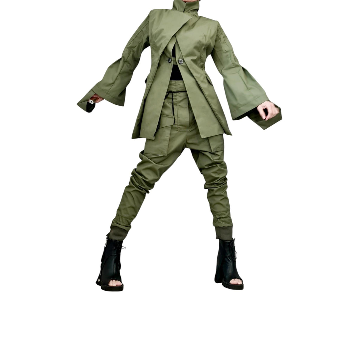 Olive Green Tailored Cargo Pants, Structured Double-Lapel Longline Blazer, Flared Cuffs, Military Co-Ord Set