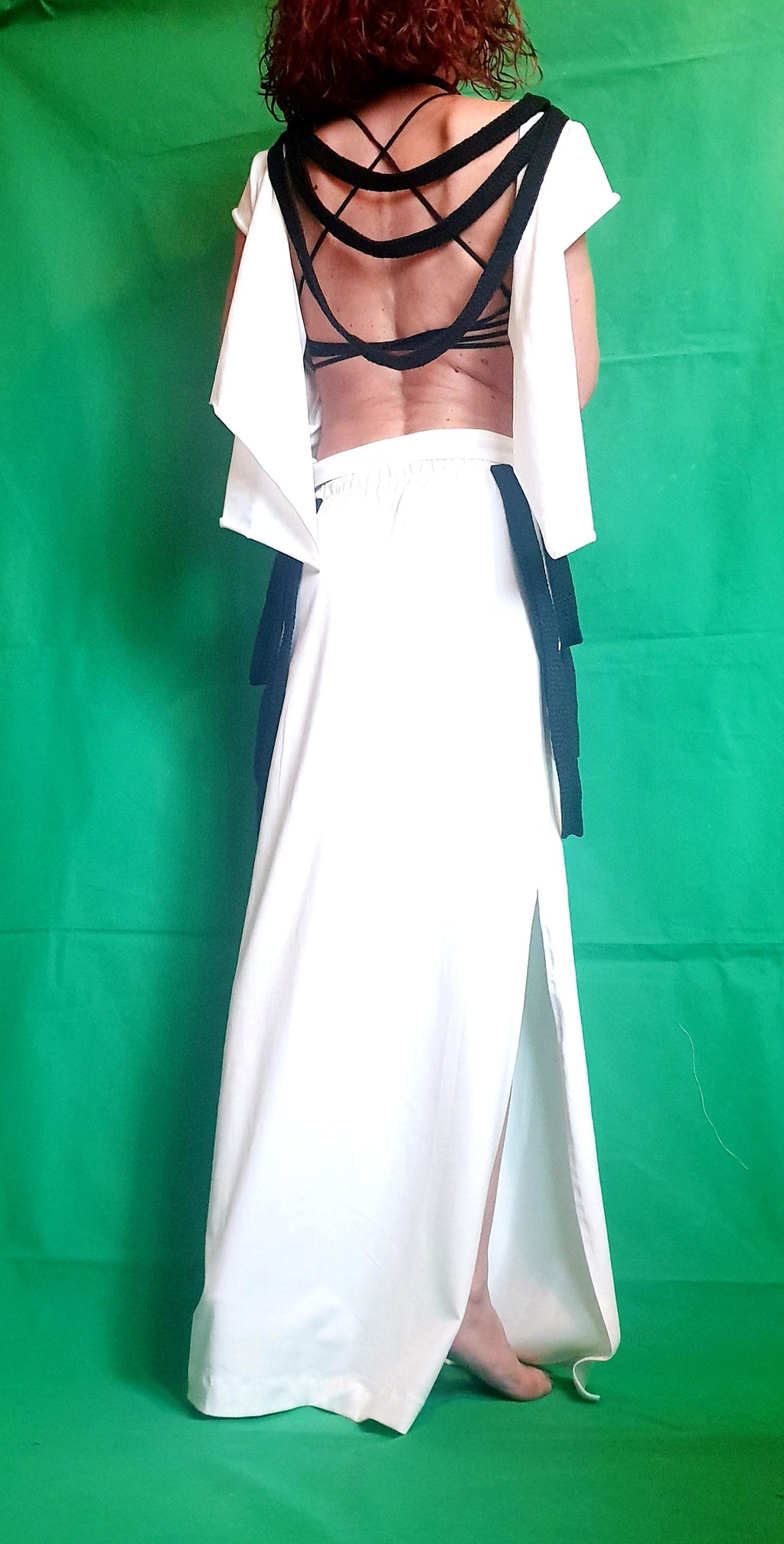 White Black Asymmetrical Open Back Blouse, High Waist Maxi Skirt, Two Piece Co-Ord Set