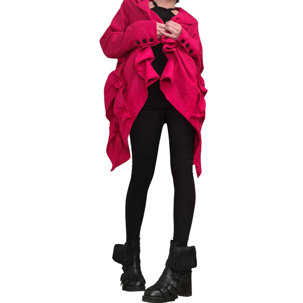 Red Linen Asymmetric Jacket, Open Back Short, Long Front Ruched Design, Avant Garde Blazer