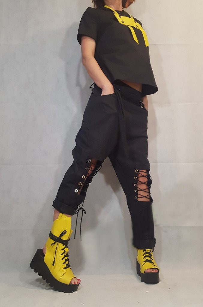 Black Drop Crotch Pants, Knee Cut Out Trousers, Lace Up Detail