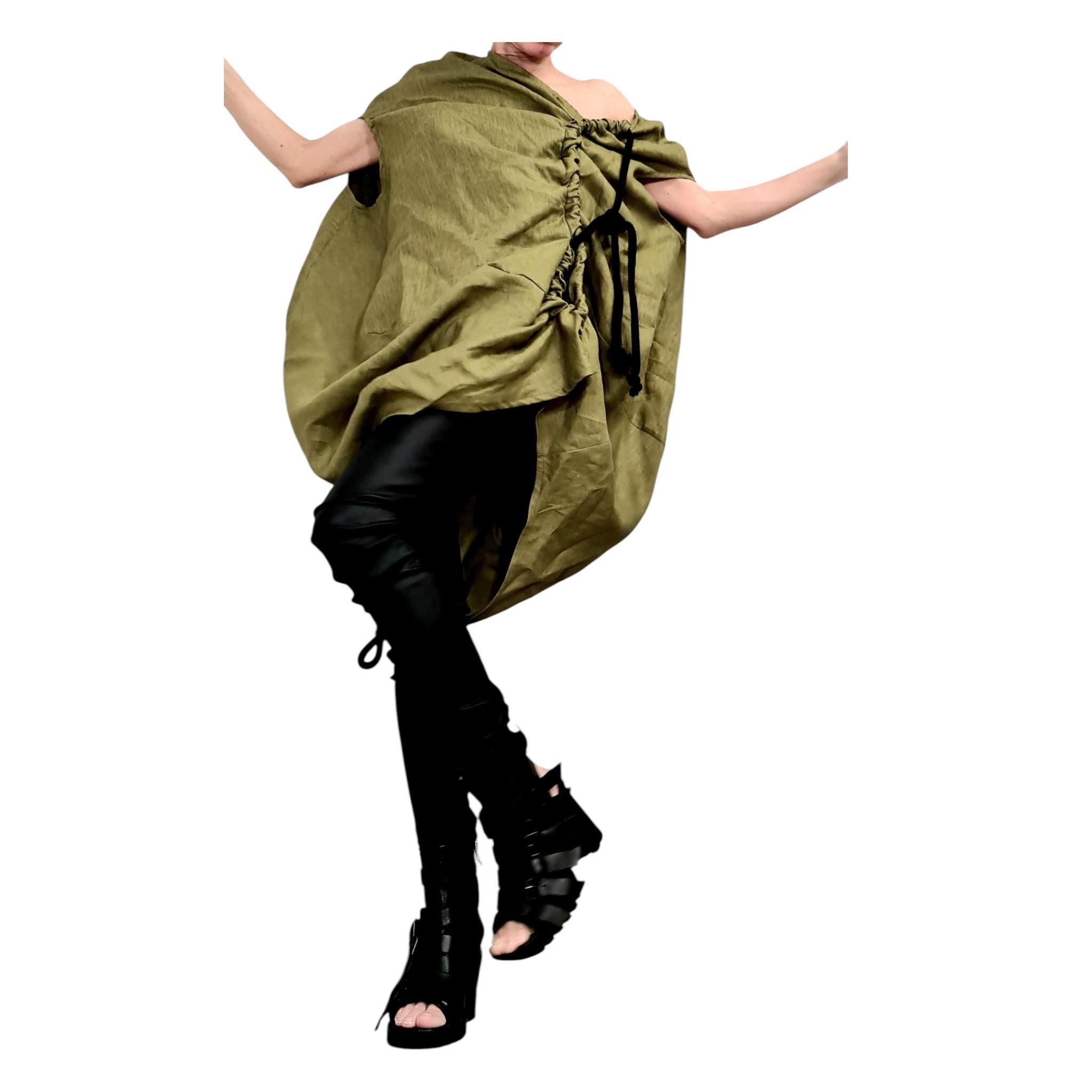 Military Green Linen Tunic, Asymmetric Oversize Top, Adjustable Ruched Kaftan, Plus Size Clothing