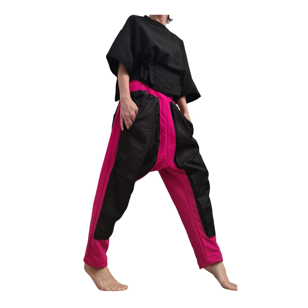 Fuchsia Harem Pants, Black Cargo Pockets, French Terry Tapered Leg Joggers