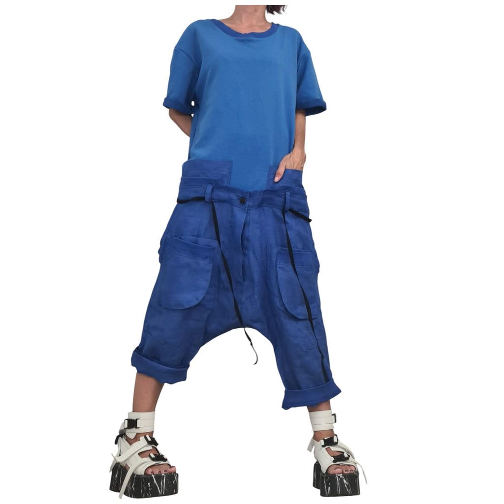 Blue Linen Harem Jumpsuit, Asymmetric Loose Overall, Wide Leg Drop Crotch Summer Romper
