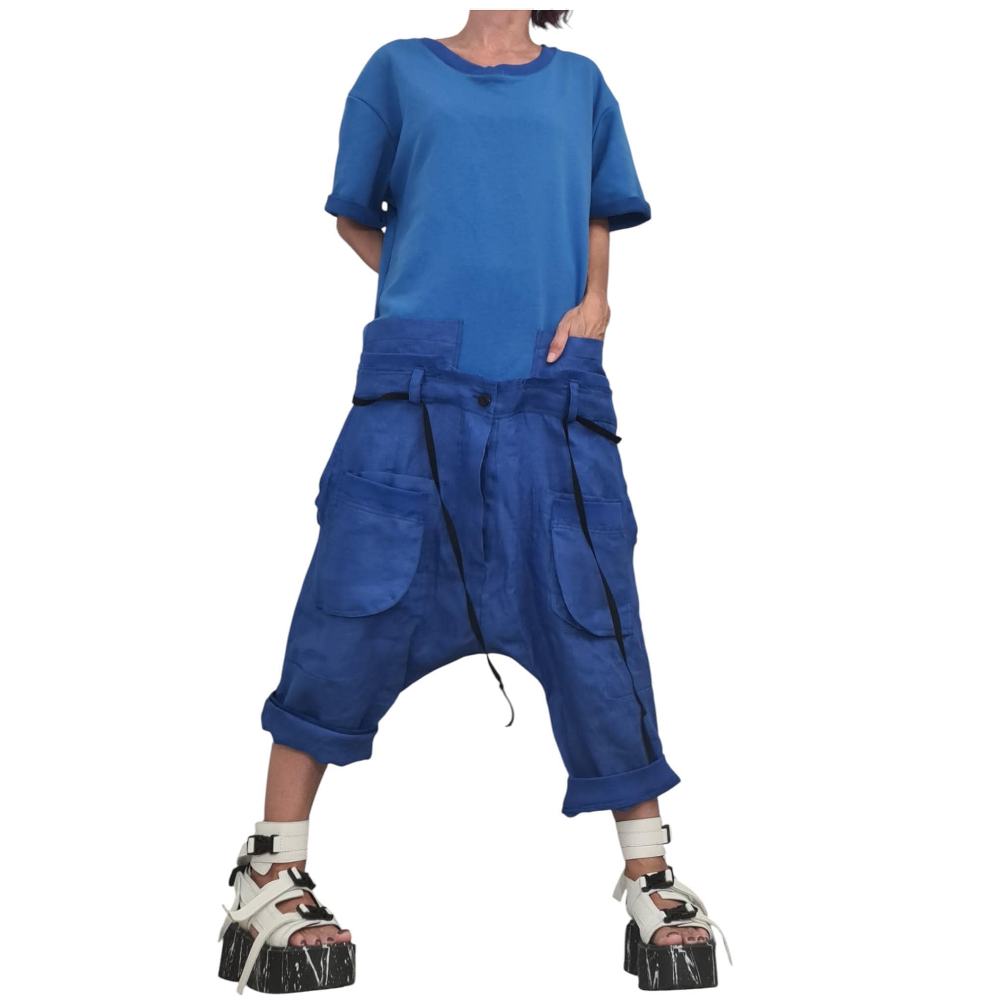 Blue Linen Harem Jumpsuit, Asymmetric Loose Overall, Wide Leg Drop Crotch Summer Romper