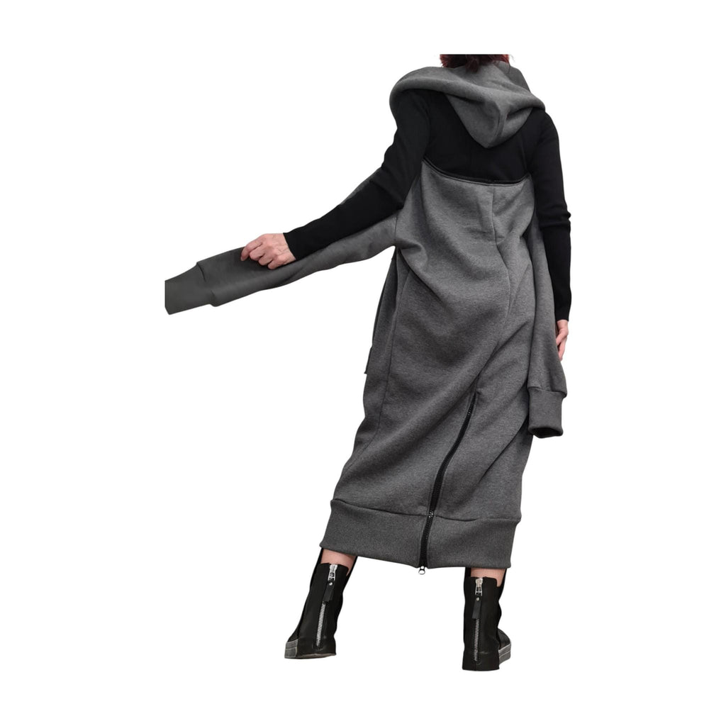 Grey Oversized Hooded Sweatshirt Dress, Sleeveless Maxi Zip Hoodie, Large Pockets, Plus Size