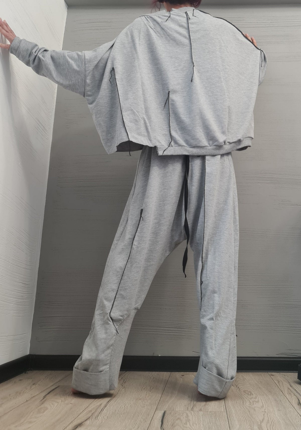 Grey Cotton Harem Pants Set, Asymmetrical Oversized Blouse, Women's Plus Size Loungewear Set