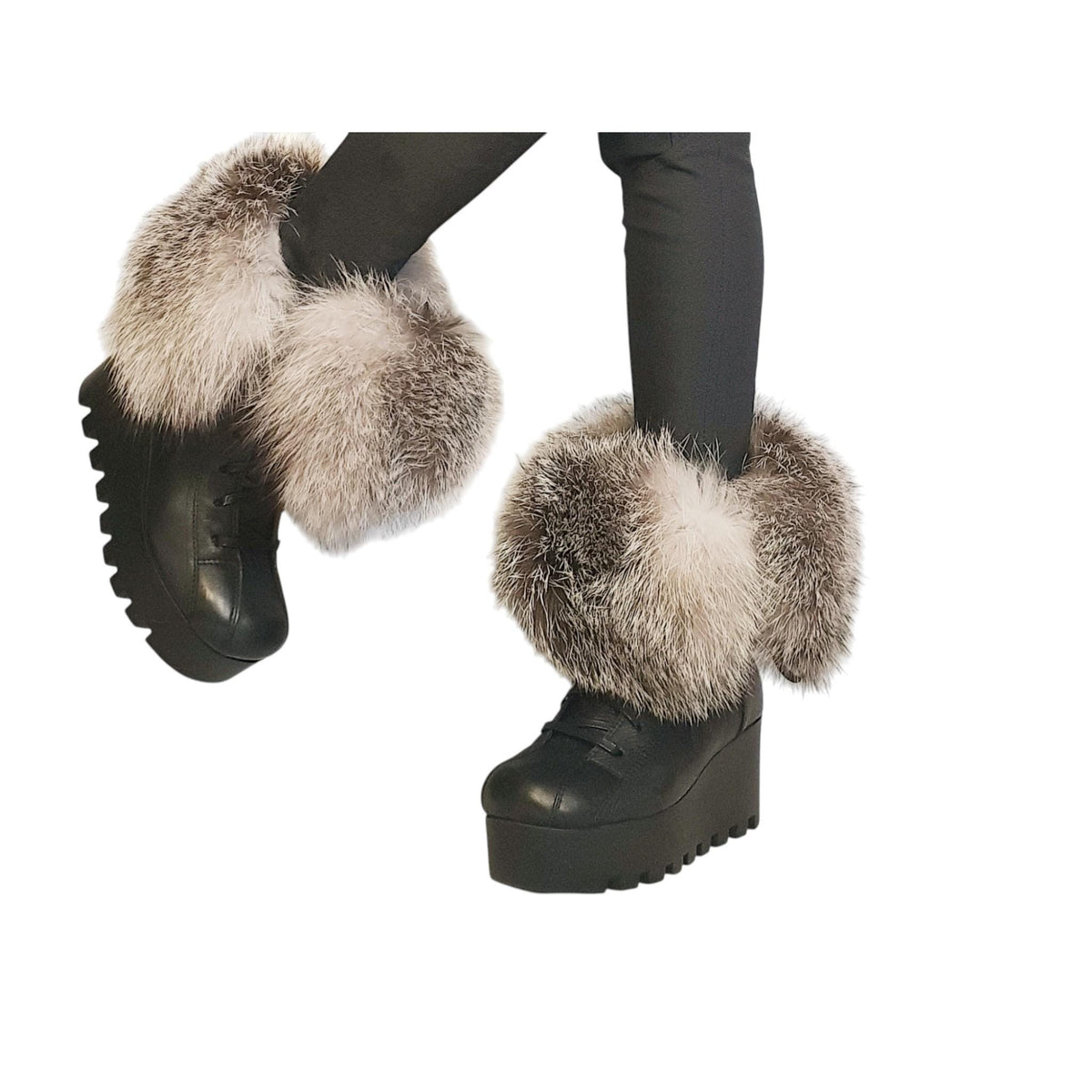 Fox Fur Wedge Boots, Platform Winter Booties, Handmade Leather Ankle Shoes