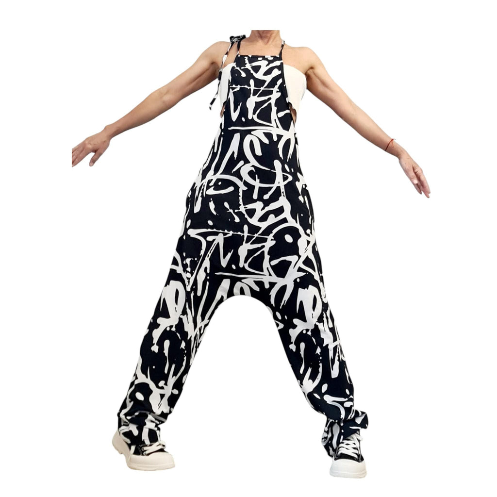 Black White Graffiti Harem Jumpsuit, Loose Drop Crotch Cotton Comfort