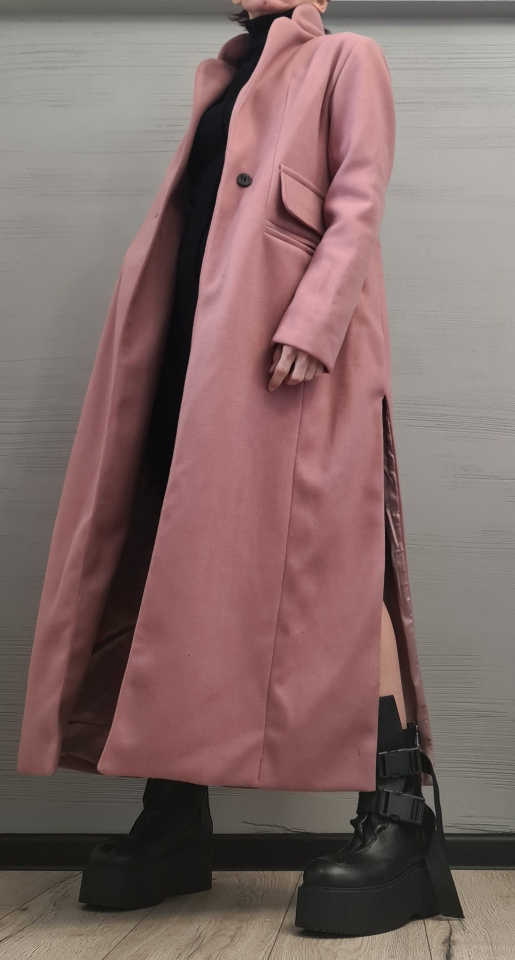 Dusty Rose Long Coat, Asymmetrical Wrap Front and Ruched Sleeves, Plus Size