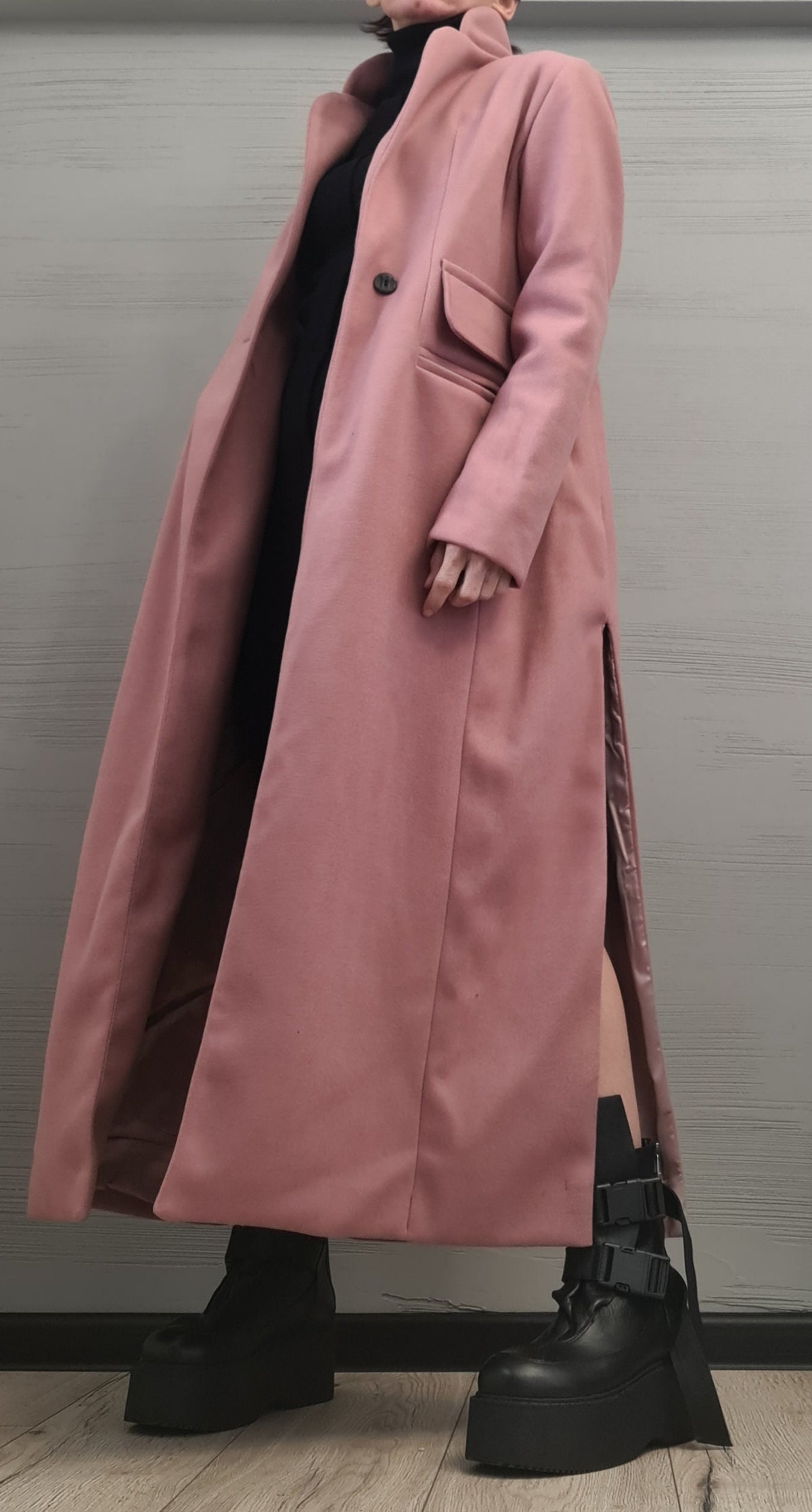 Dusty Rose Long Coat, Asymmetrical Wrap Front and Ruched Sleeves, Plus Size