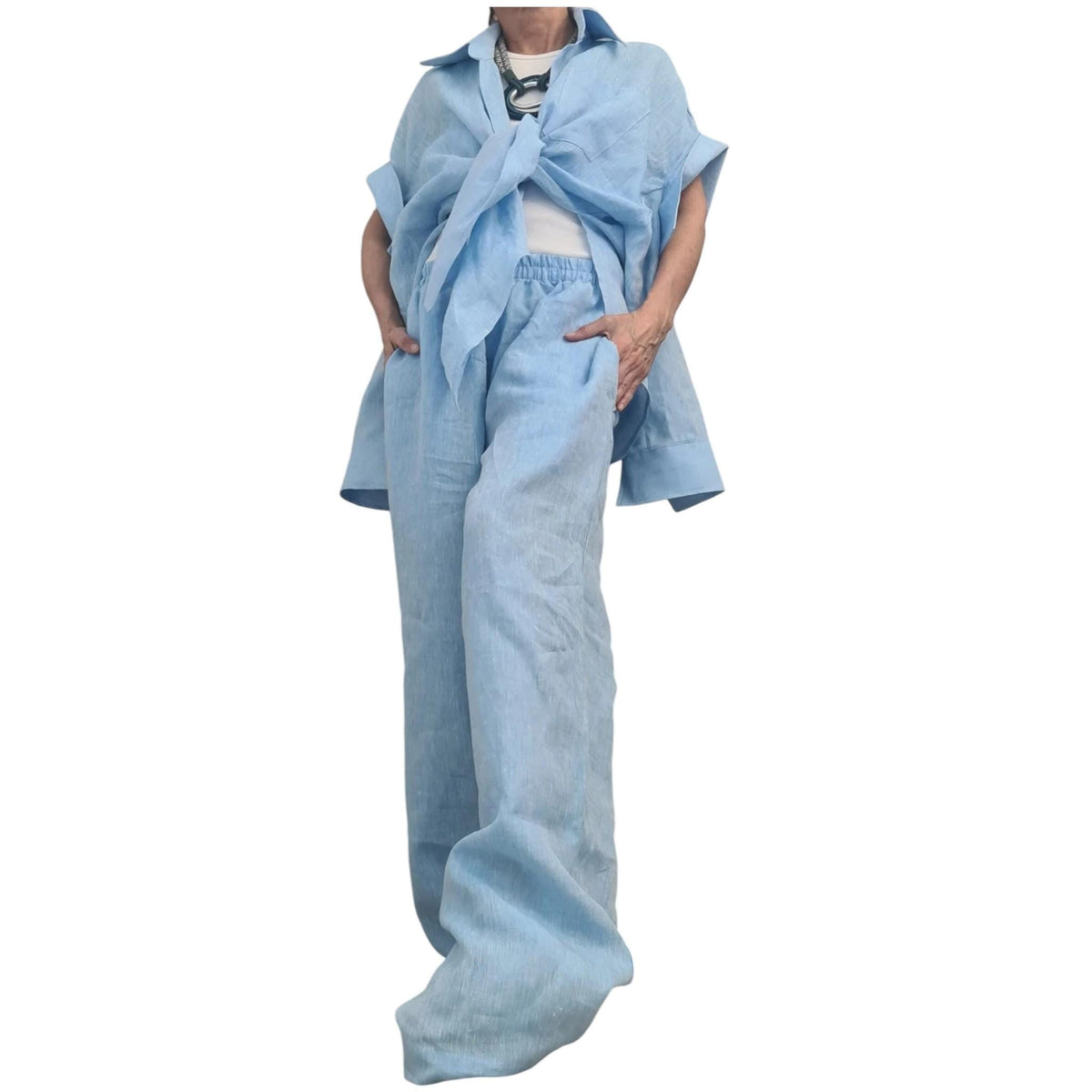 Linen Set Women, Baby Blue Wide Leg Pants, Asymmetric Shirt, Loose Summer Outfit