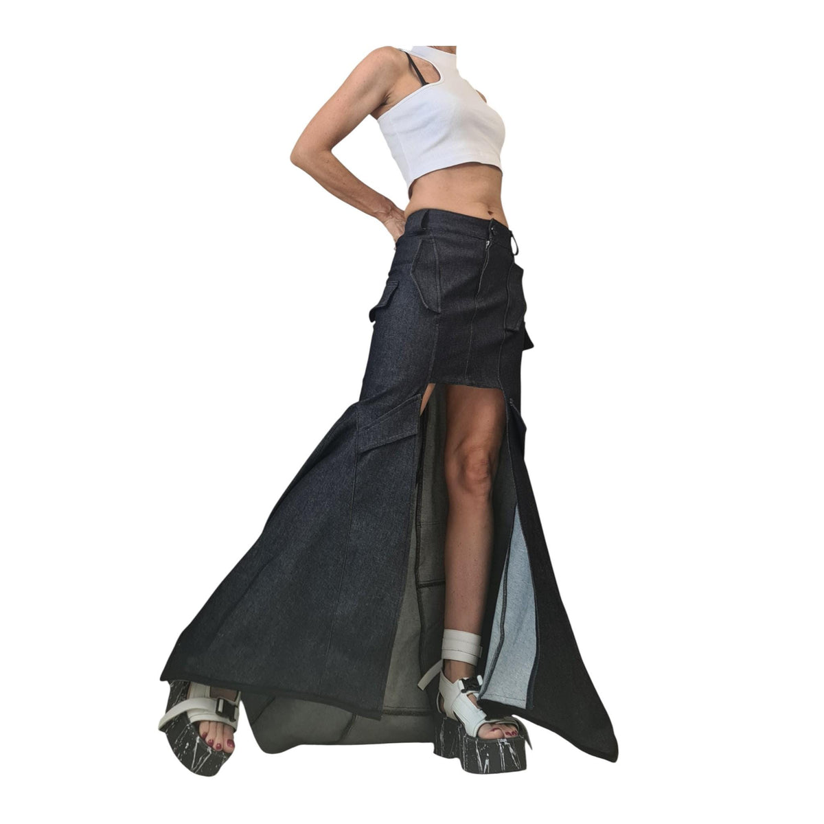 Extravagant Asymmetric Denim Skirt, Wrap A-Line Maxi Skirt