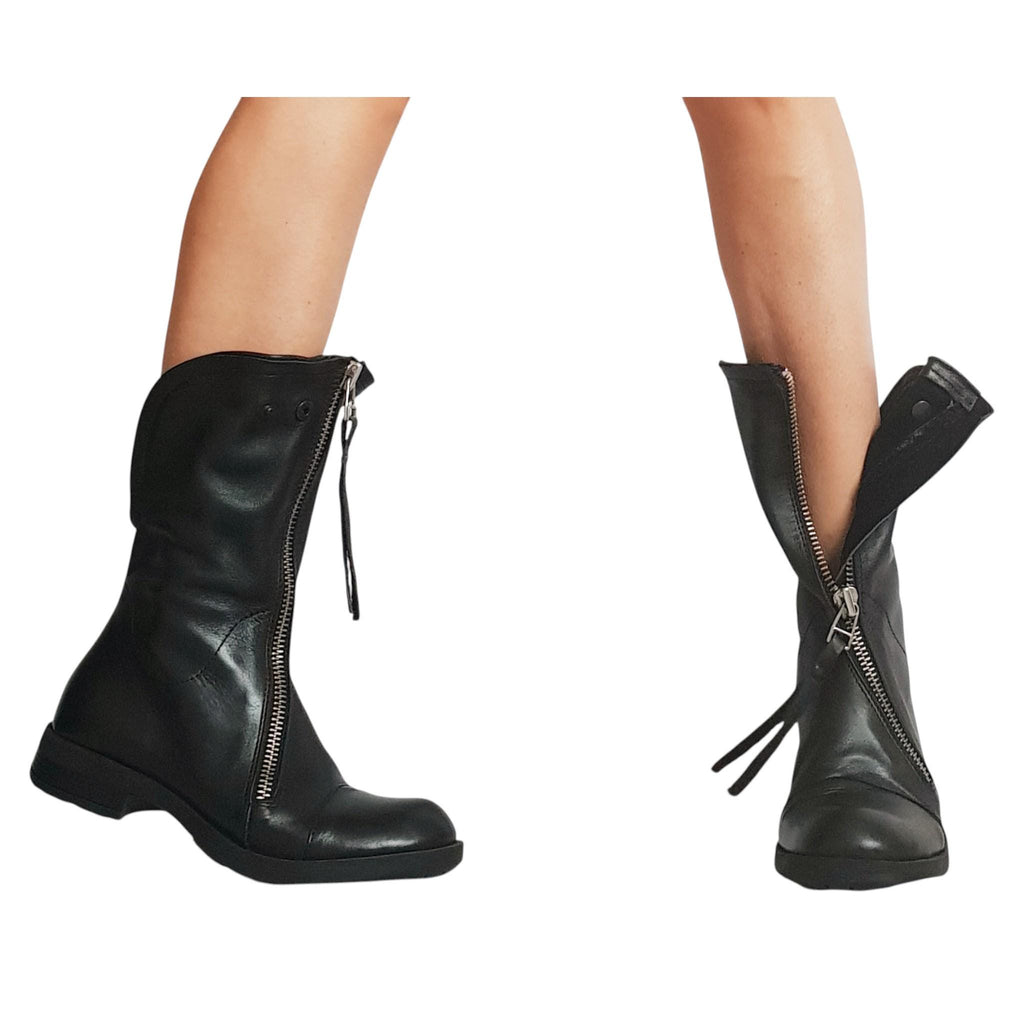 Black Gothic Genuine leather Ankle Boots, Handmade Closed Toe Low Platform Shoes