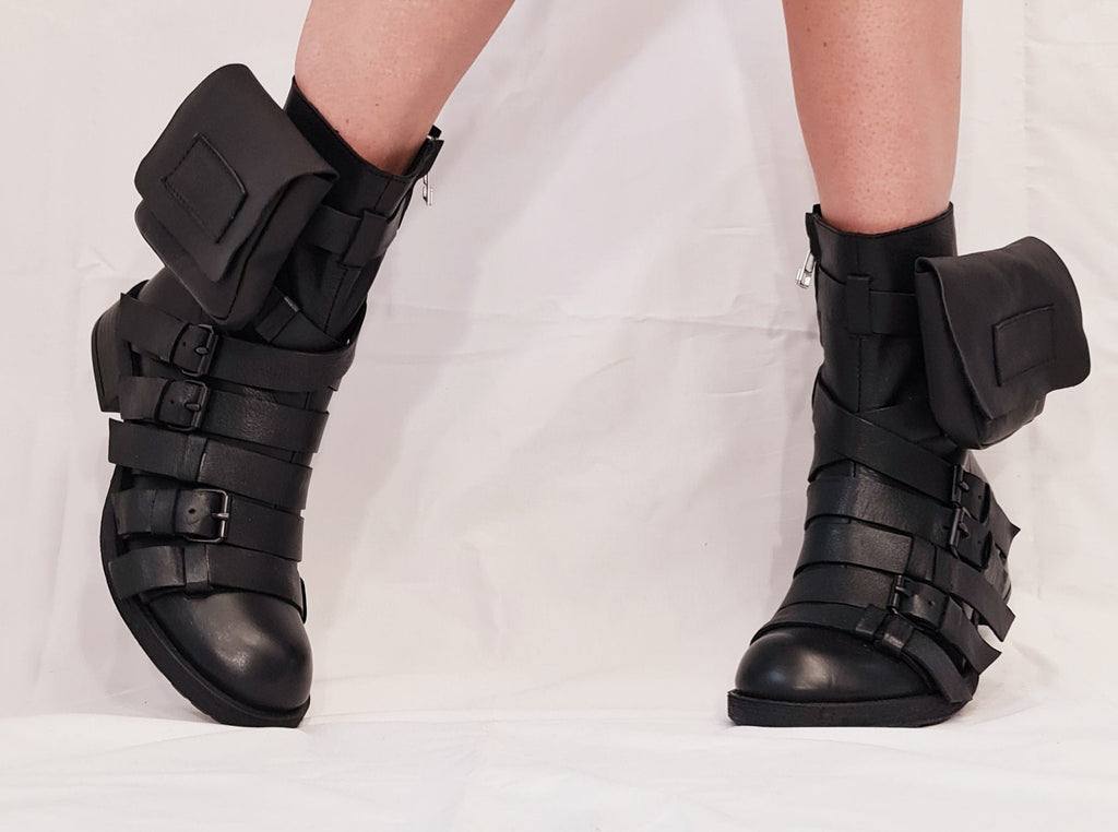 Black Leather Ankle Boots, Movable Pocket, Gothic Steampunk Grunge Shoes