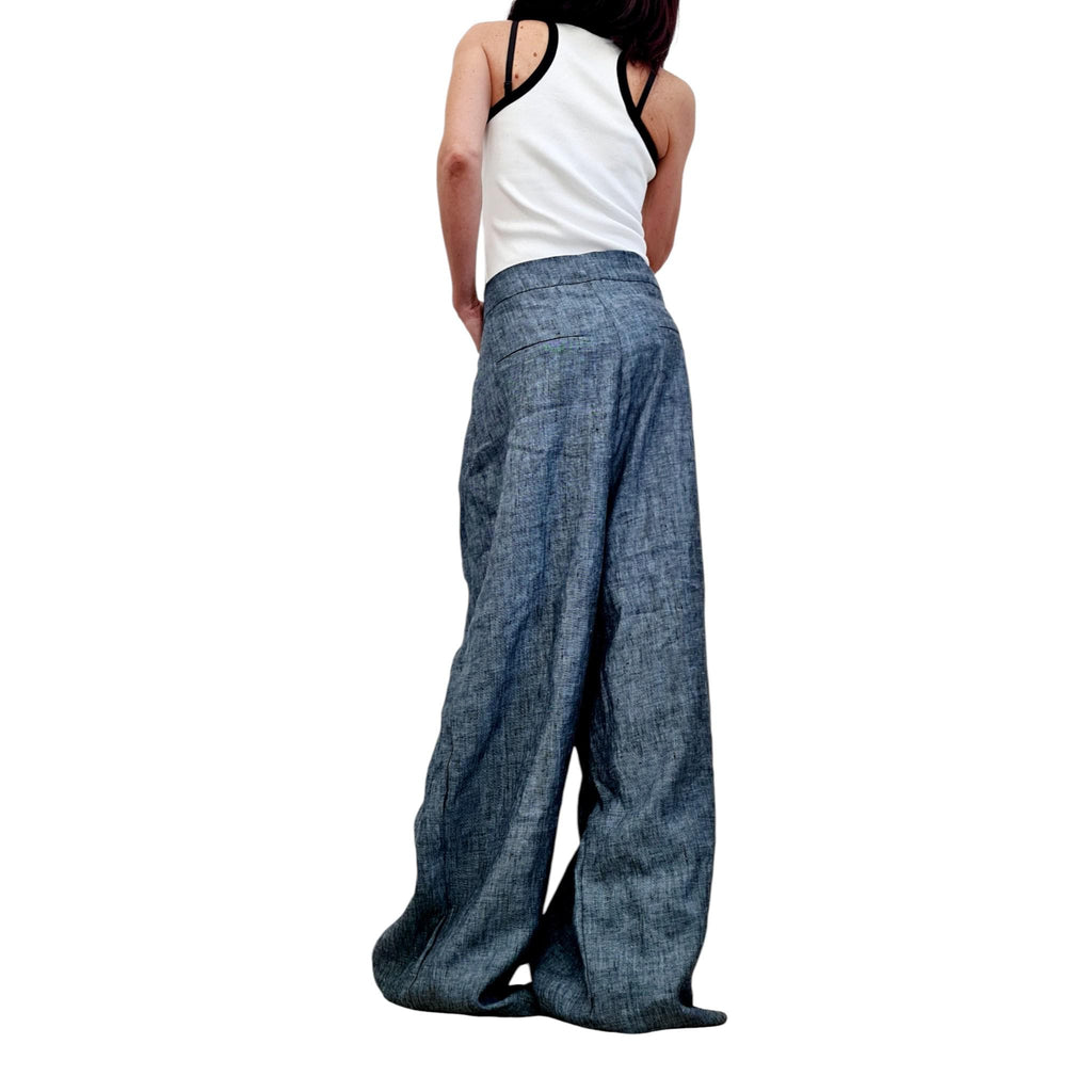 Denim Blue Linen Wide Leg Pants, Extra Loose Summer Trousers, Comfortable Everyday Wear