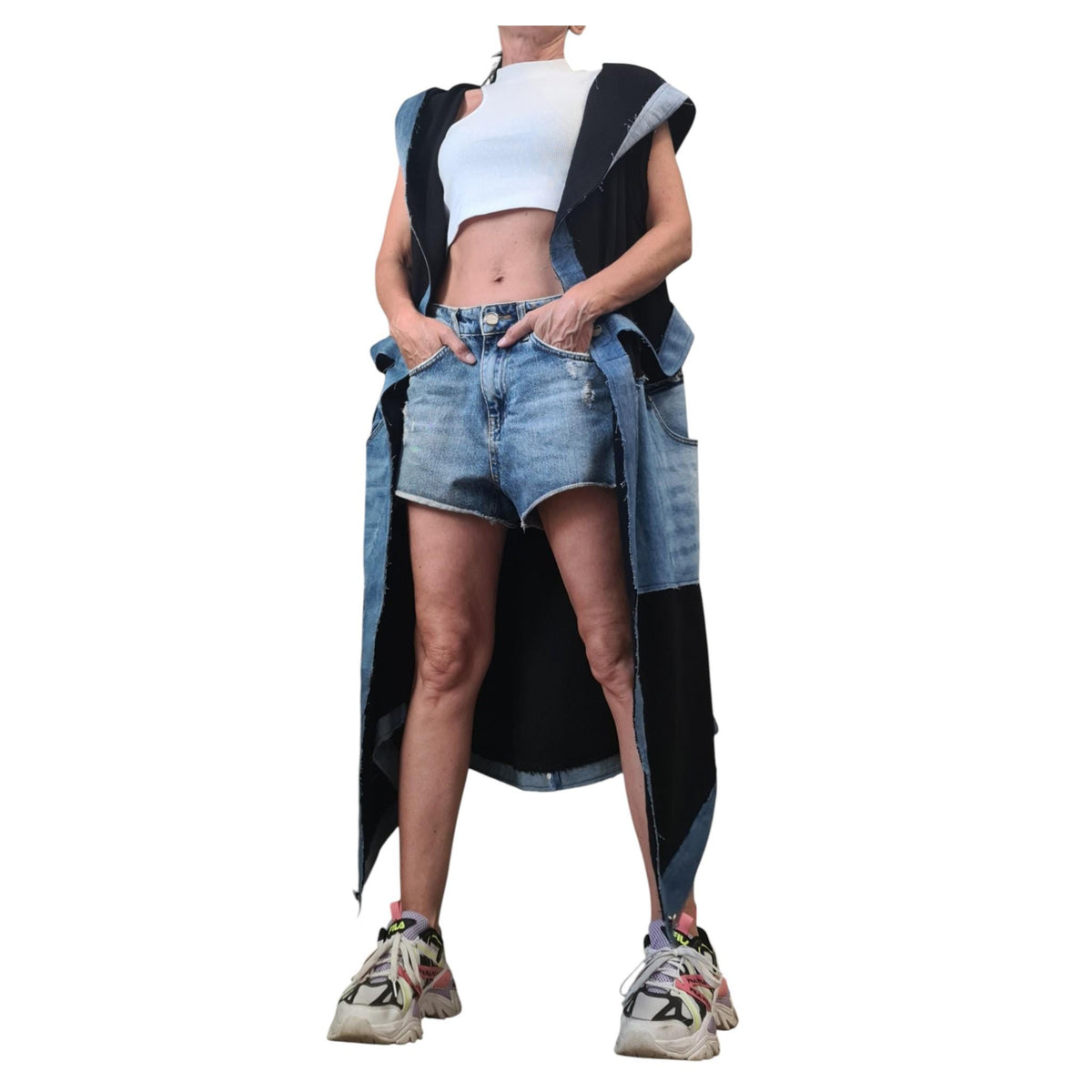Gothic Denim Cotton Asymmetric Long Vest, Extravagant Maxi Style