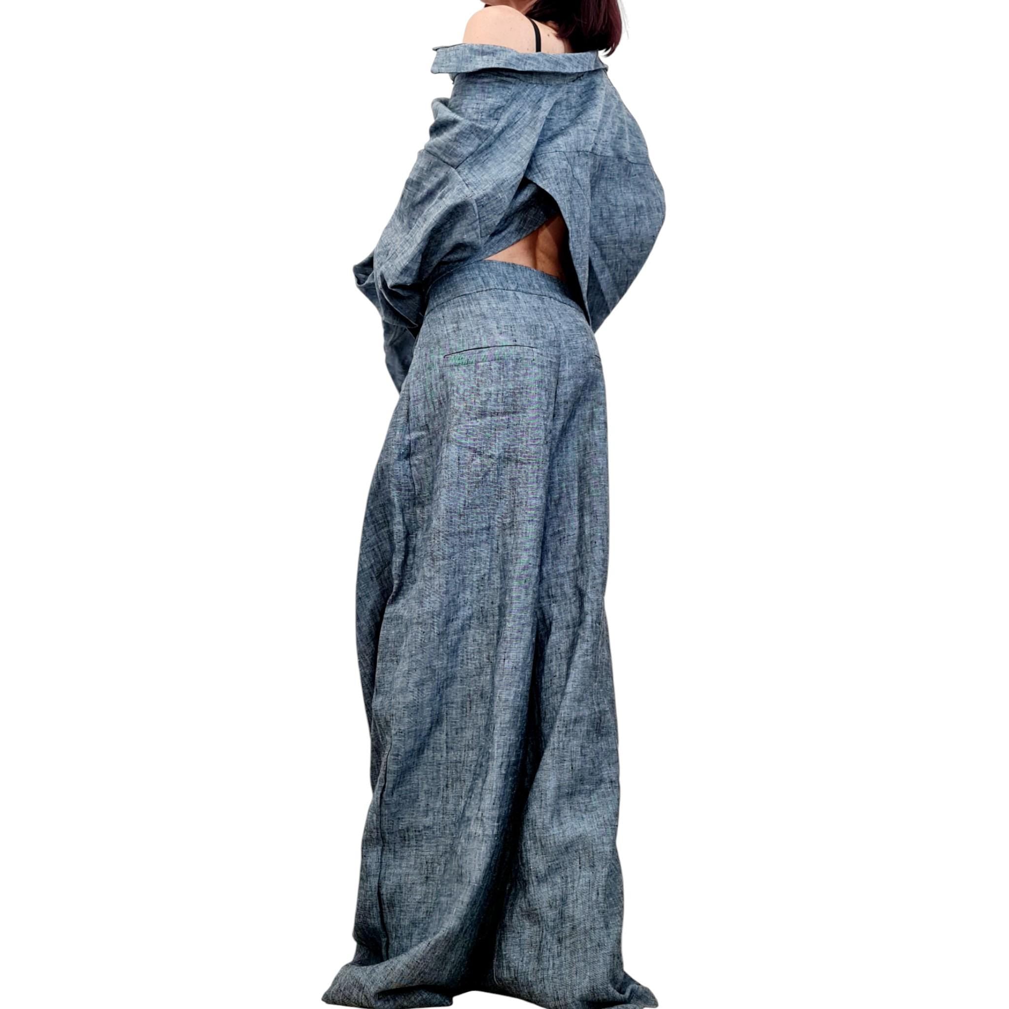Denim Linen Shirt, Open Back Top, Asymmetric Off Shoulder Blouse, Avant Garde Style